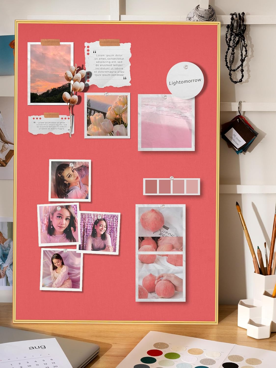 Bulletin Board 23.6 x 17.7 inches, Coral Red Pin Board, Golden Aluminum Framed Fabric Cork Board with 10 Push Pins