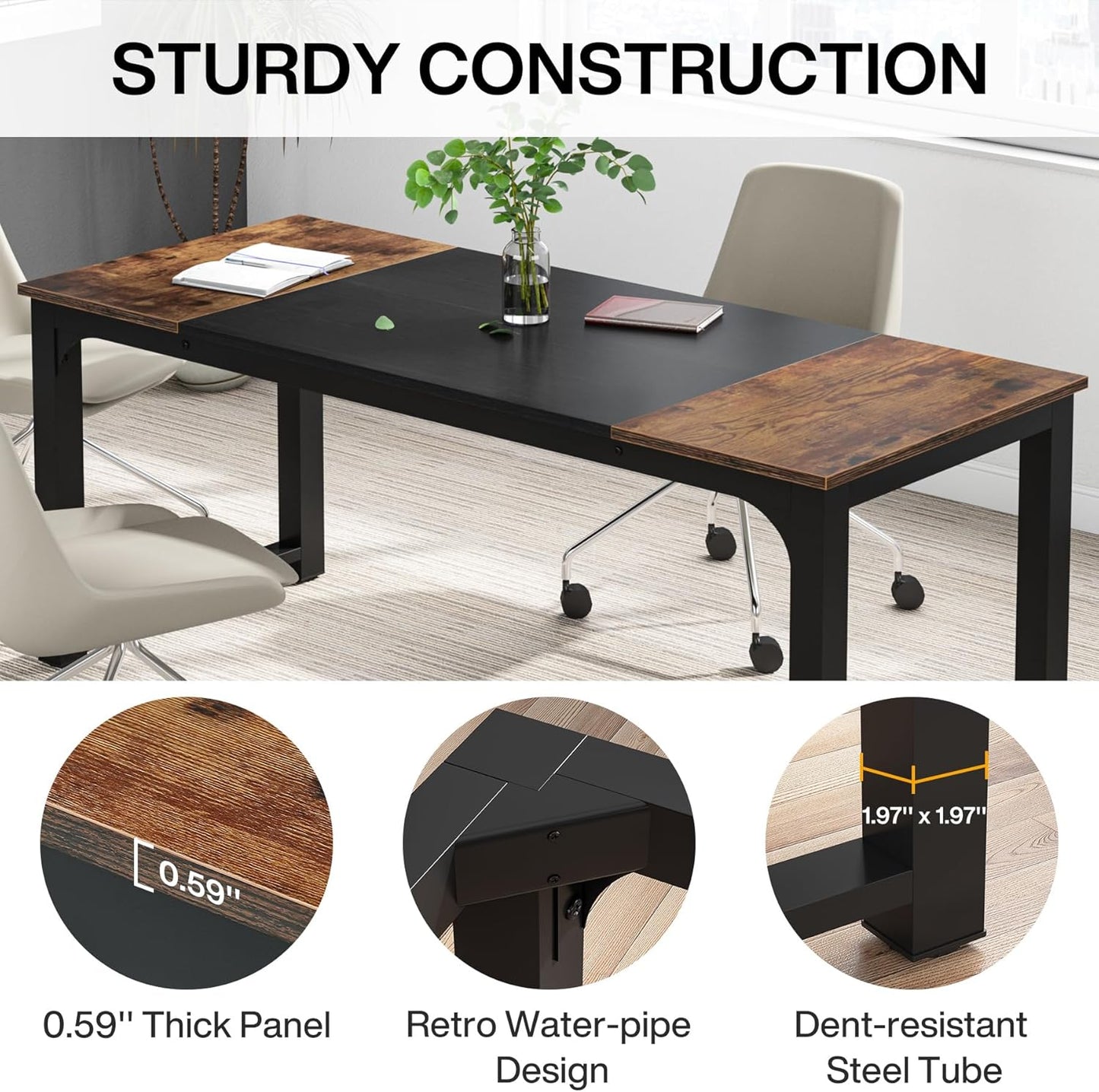 Tribesigns 63” Executive Desk, Large Office Computer Desk with Thicken Frame, Modern Simple Workstation Business Furniture for Home Office, Rustic Brown/Black, 63'' W x 23.6'' D