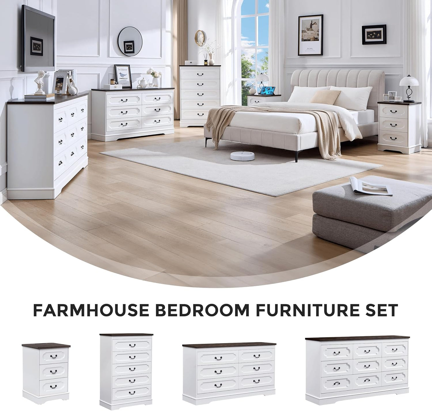 LIDYUK 6 Drawer Dresser for Bedroom Farmhouse WhiteTall Wood Chest of Drawers for Bedroom Dresser, Modern Rustic 55" Wide Drawers Dressers Wooden Closet and Storage Cabinet, Hallway, Living Room