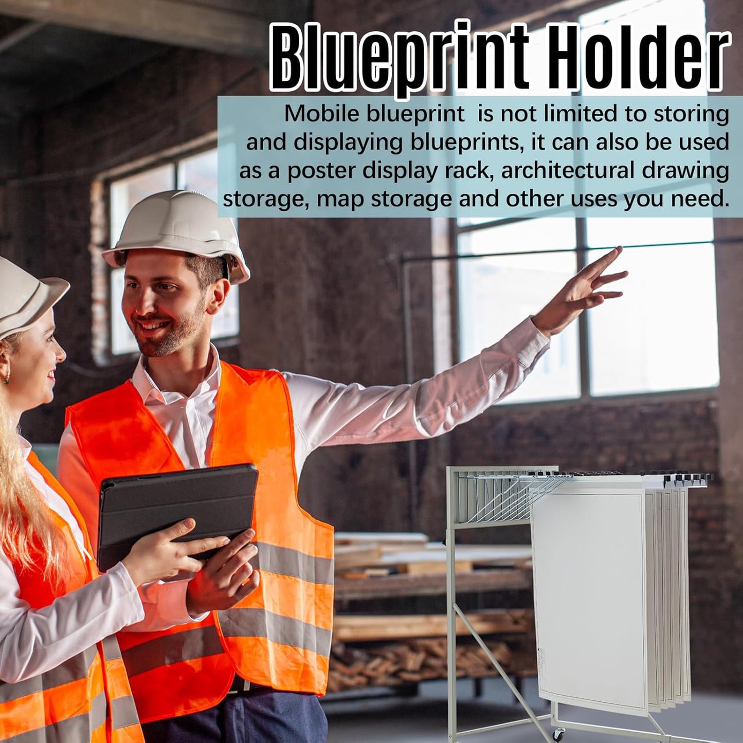 Estune Mobile Blueprint Holder Rack, Adjustable Mobile Blueprint Holder with 6 30 In Hanging Clamps 4 Wheels Poster Display Rack Storage Organizer Stand for File Display Plan Office Home(Silver)