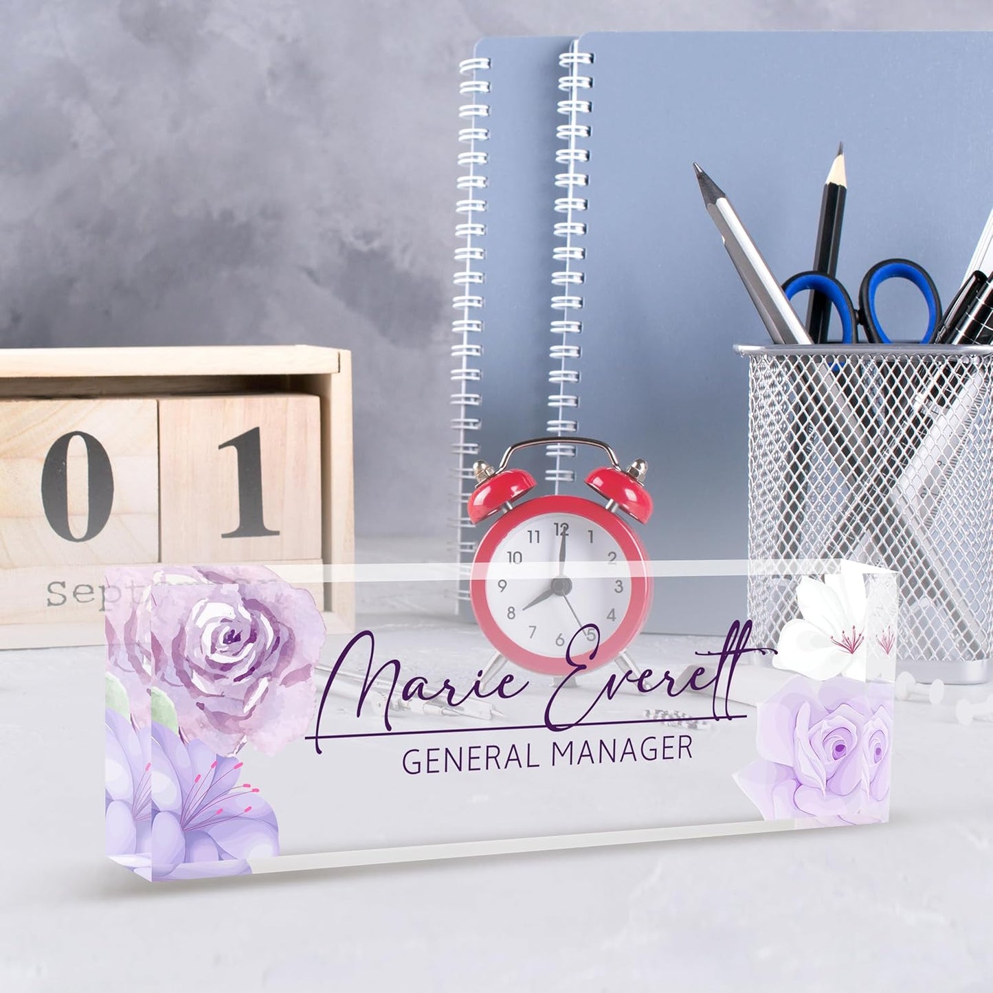 Personalized Name Plate for Desk, Custom Desk Name Plate, Acrylic Name Plate Office Desk Accessories, Personalized Office Gifts for Coworkers Teachers, Employee Appreciation Gifts (A-PurpleFlower)