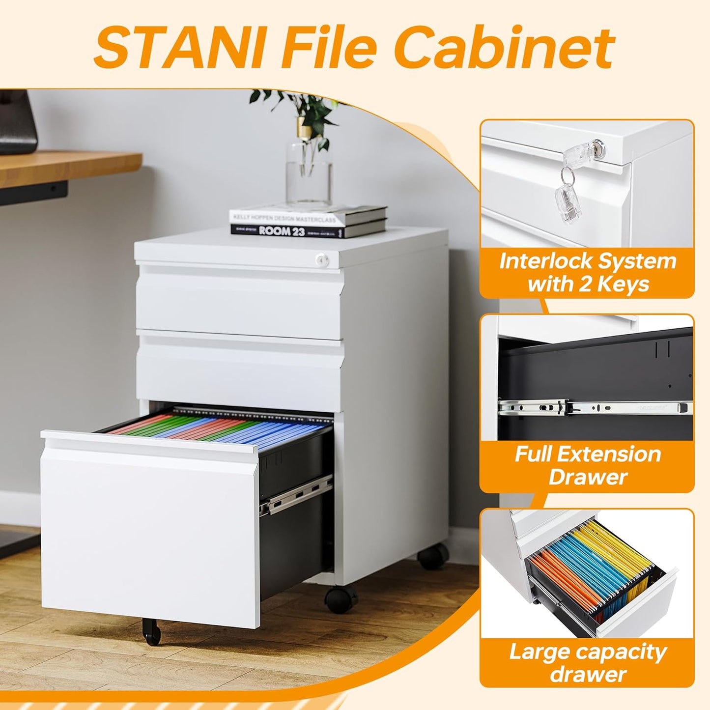 STANI Mobile File Cabinet with Lock Under Desk 3 Drawer Metal Filing Cabinet Locking Office Mobile Cabinet with Wheels Under Desk Office Drawers Rolling Mobile File Cabinet Fully Assembled