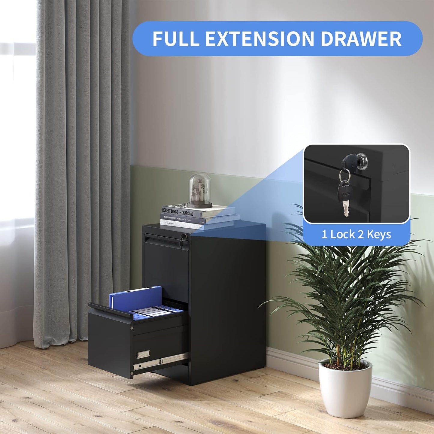 2 Drawer File Cabinet with Lock, Vertical File Cabinet with Lock, Locking File Cabinet Hanging Files for A4/ Legal/Letter,Black