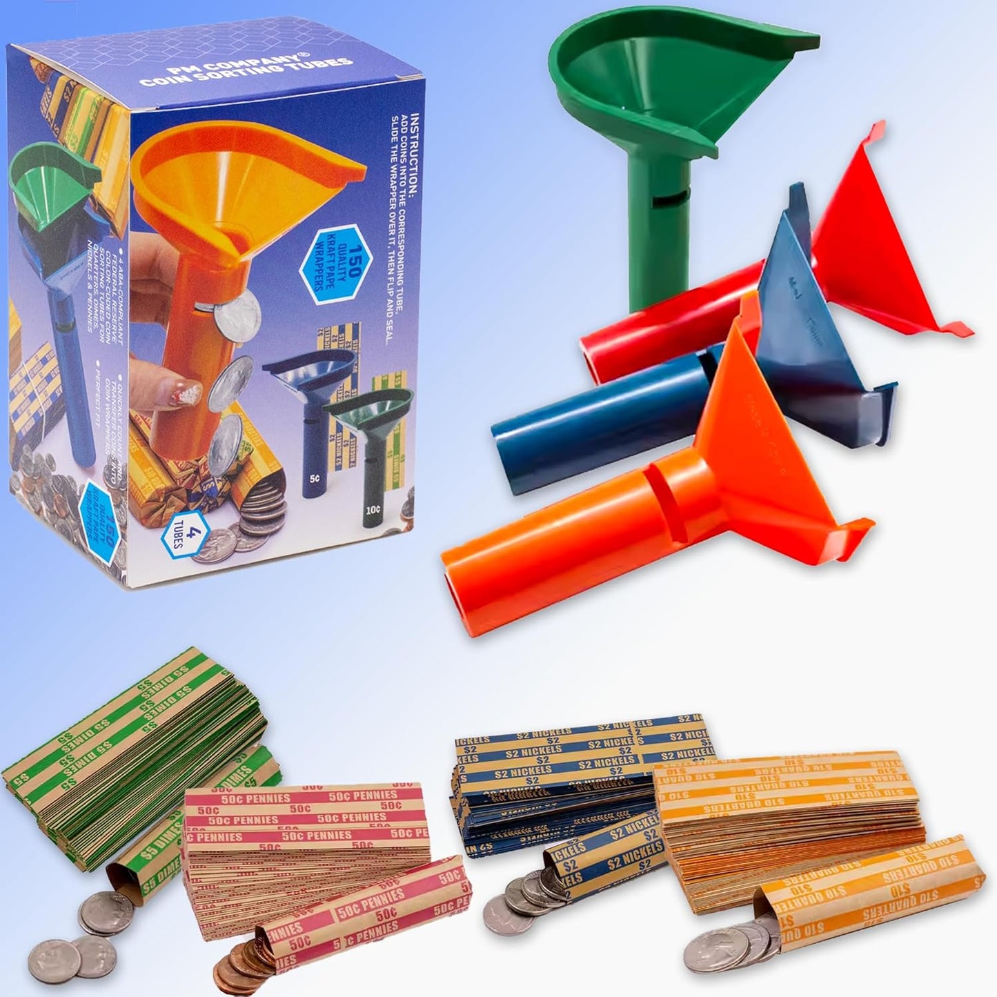 PM Company Color-Coded Coin Counting Tube with 150 Assorted Flat Coin Wrappers for Pennies Through Quarters (05032), Blue; Green;Orange;red, Set of 4