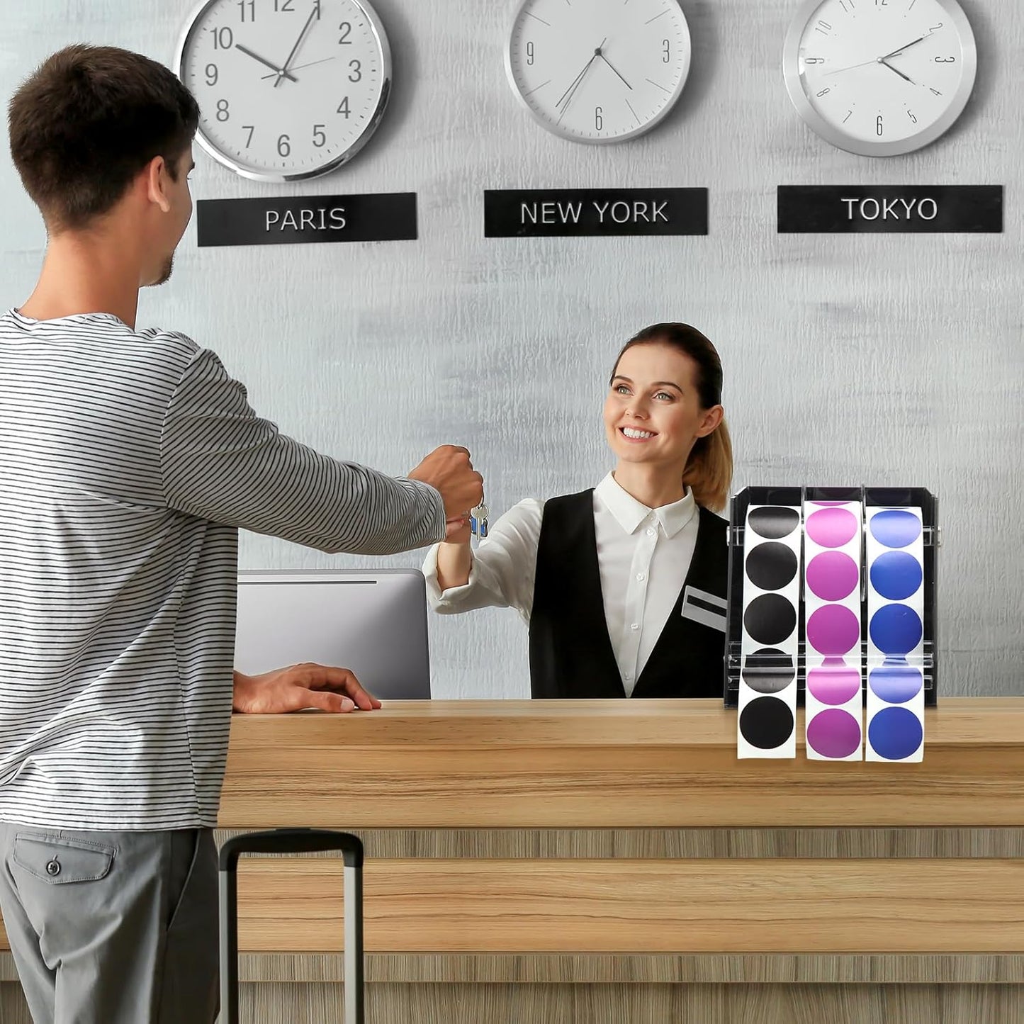 Adjustable Label Dispenser Acrylic Sticker Roll Dispenser Label Roll Holder Multi Use Sticker Holder Organizer Stand for School Gifts and Home Office Desktop (3 Disks)