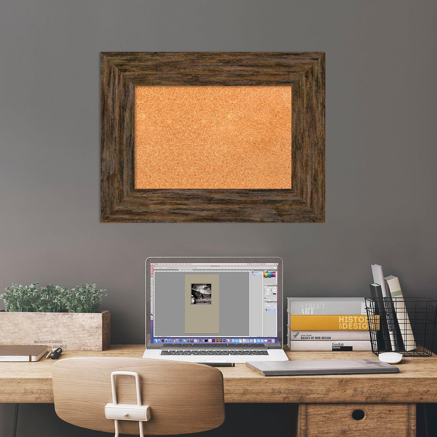 Amanti Art Natural Cork Board for Wall, 19x25 Vision Board with Brown Wood Frame, Small Corkboard Office Decor for Home Organization, Country Rustic Corkboard Pinboard to Display Items for Home