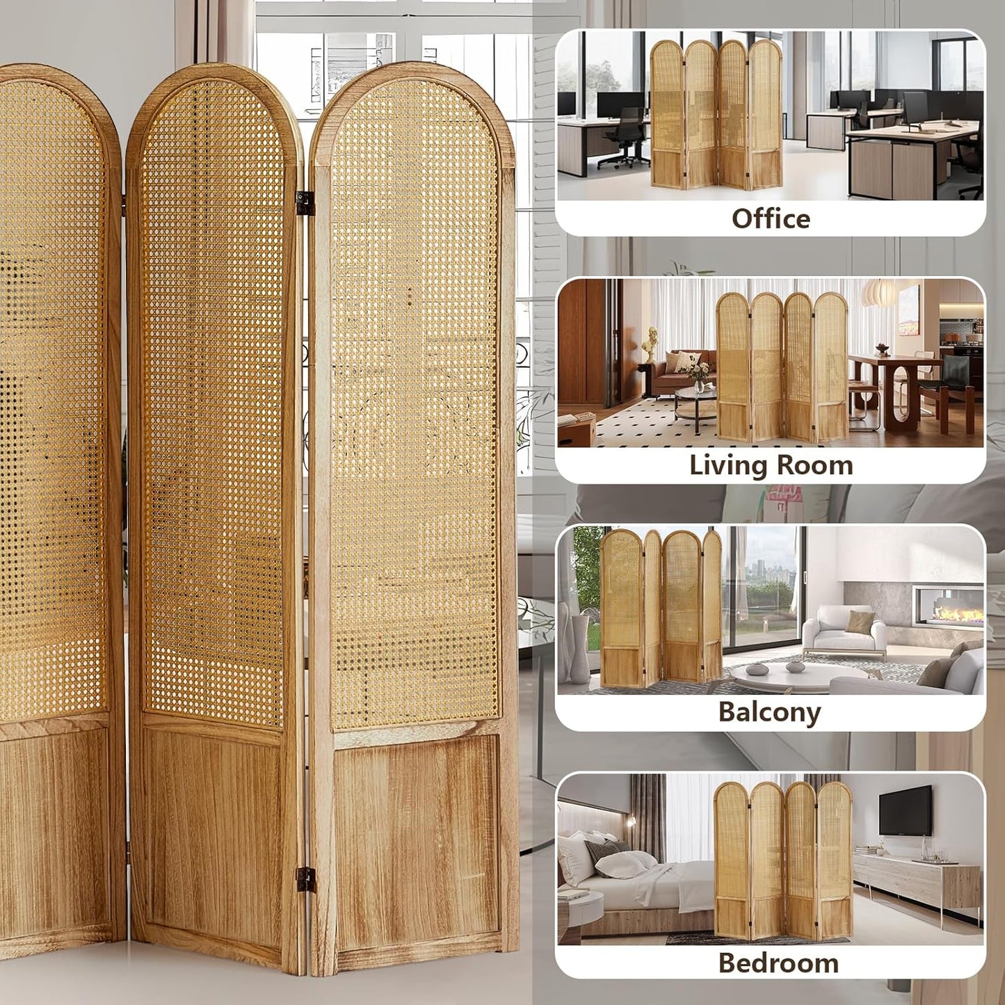 4 Panel Rattan Room Divier, Room Divider Panel and Folding Privacy Screens, Room Divider Wall, Solid Wood Frame, Partition Room Dividers, Bedroom, Dining Room, Lounge, Light Brown