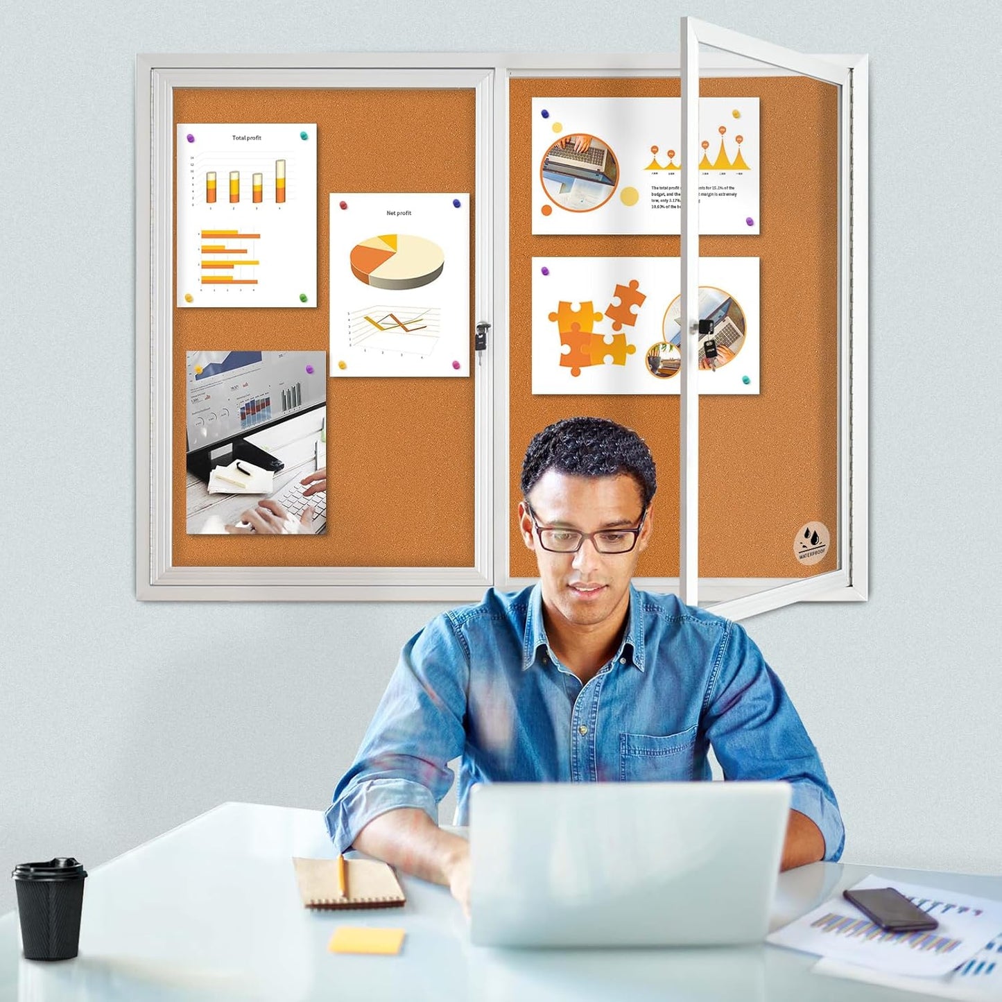 Lockable Outdoor Enclosed Bulletin Board, Weatherproof Cork Noticeboard with Locking Door, Wall-Mounted Aluminum Framed Display Case for Messages,36x24in (5xA4) (Silver Frame & Cork, 44x32 in)