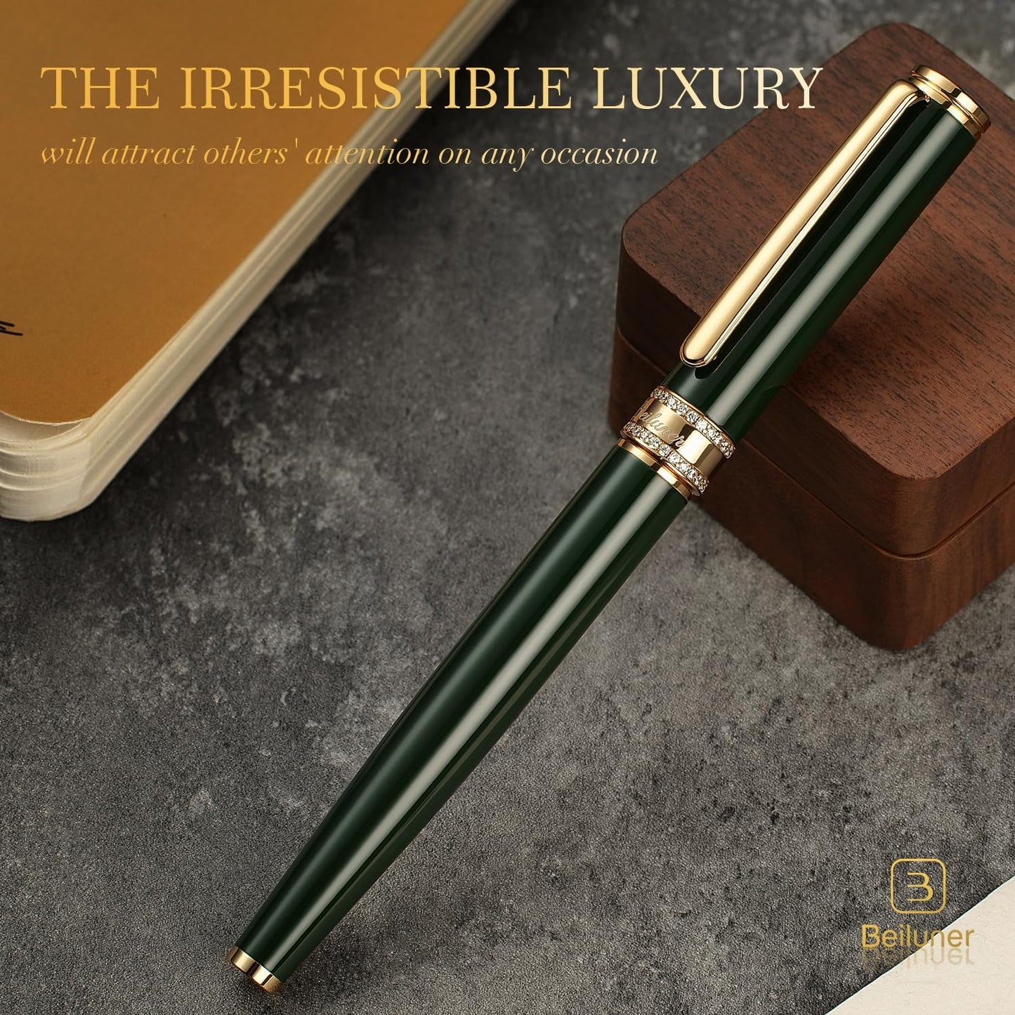 BEILUNER Green Lacquer Rollerball Pen, Diamond-Studded Cap Design, 24K Gold Trim, Noble and Elegant, Schneider Ink Refill, Best Pen Gift Set for Women & Men, Professional, Business Office, Nice Pens