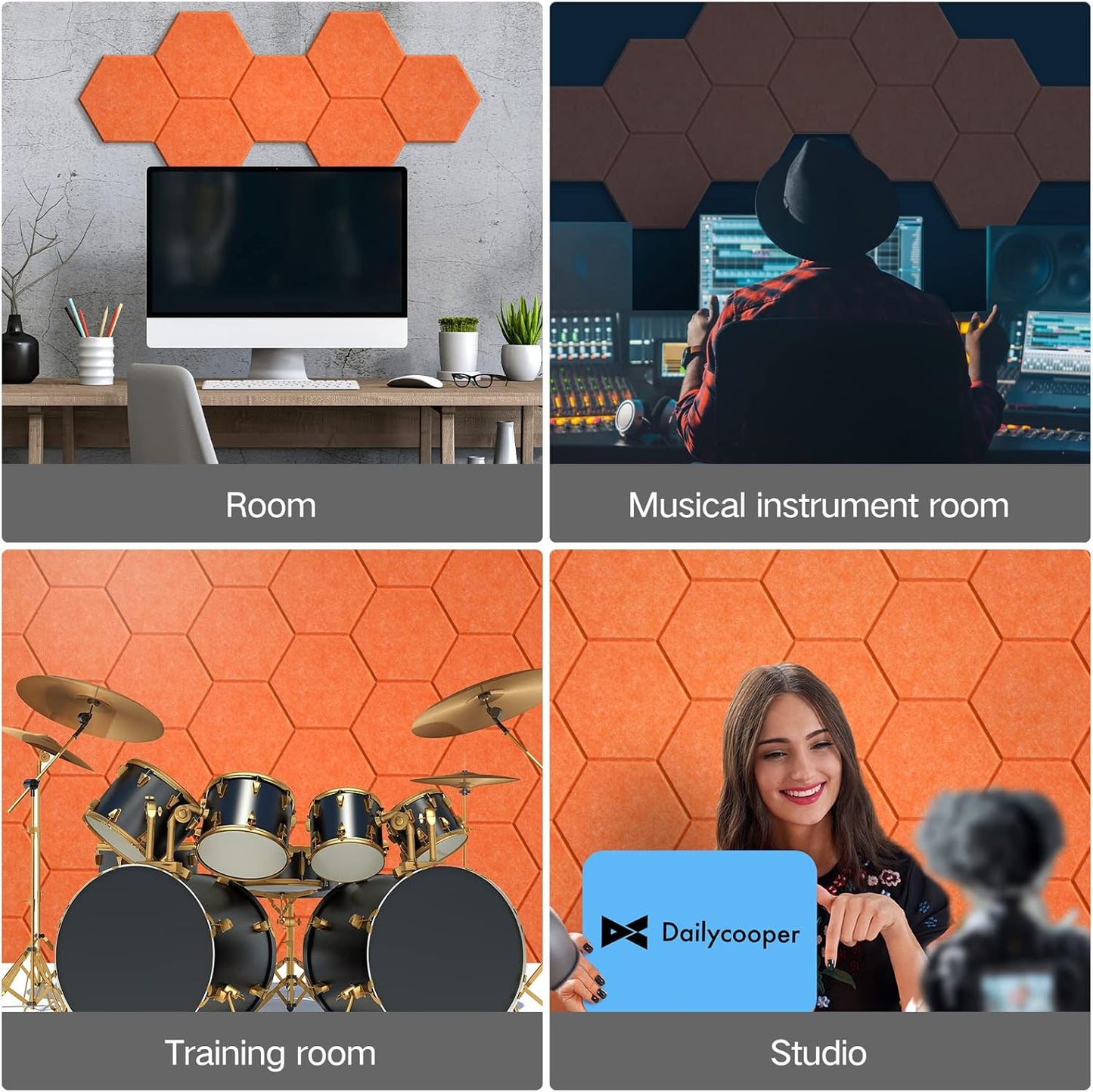 12 Pack Self-adhesive Acoustic Panels 12" X 10" X 0.4" - Sound Proof Foam Panels with High Density, Stylish Hexagonal Design, Flame Resistant, Absorb Noise and Eliminate Echoes(Tangerine)