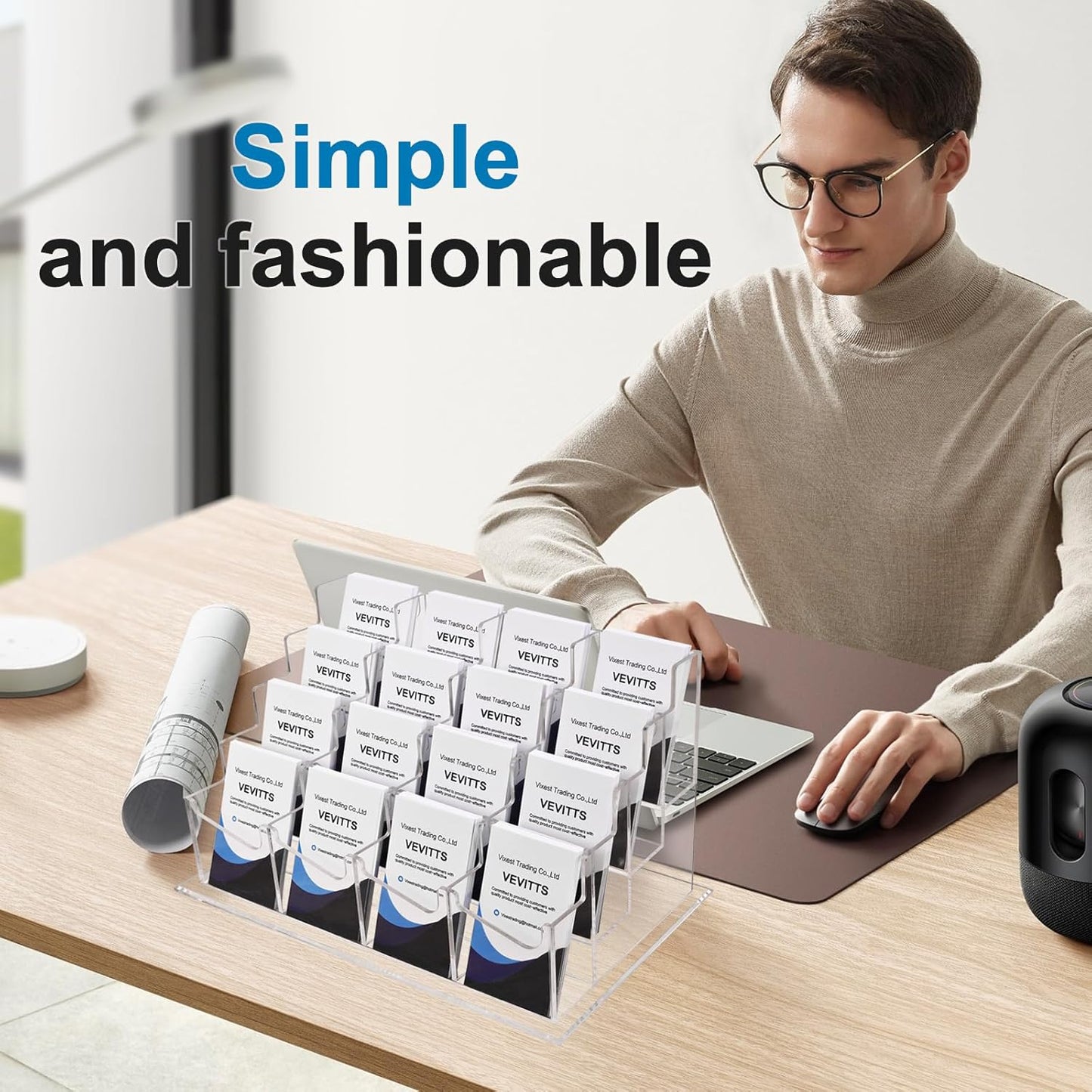 Clear Vertical Business Card Holder for Desk, Office Acrylic Business Card Display Holder Desktop Organizer Storage Cards Holders, Clear 4 Tiers 16 Pockets