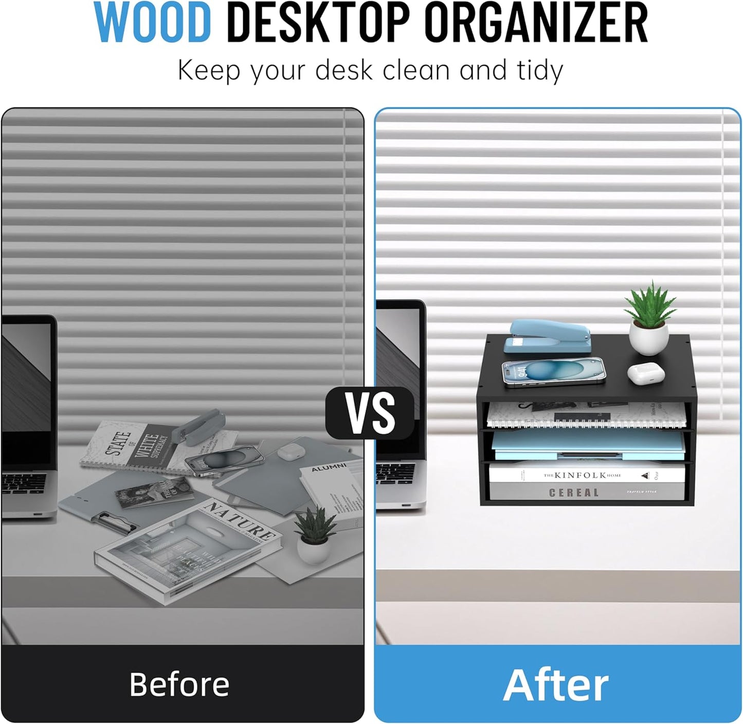 Wood Desk Organizer, 3 Tier Paper Tray Organizer for Desk with Adjustable Storage Shelves, Desktop Paper Sorter Mail Holder for Office Home Classroom, Black