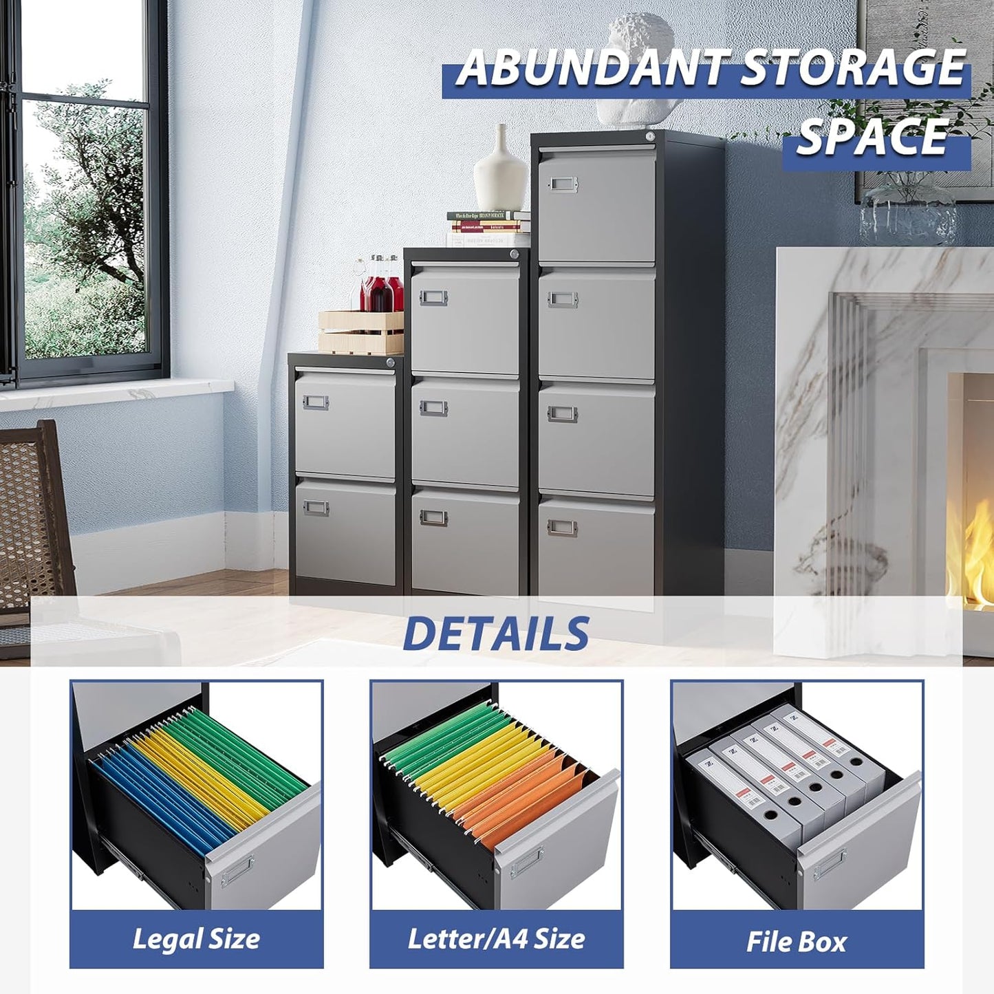 4 Drawer File Cabinet, Filing Cabinets for Home Office, Metal Vertical File Storage Cabinet with Lock, Locking File Cabinet for A4 Legal/Letter, 15" W x 17.7" D x 50.1" H, Assembly Required