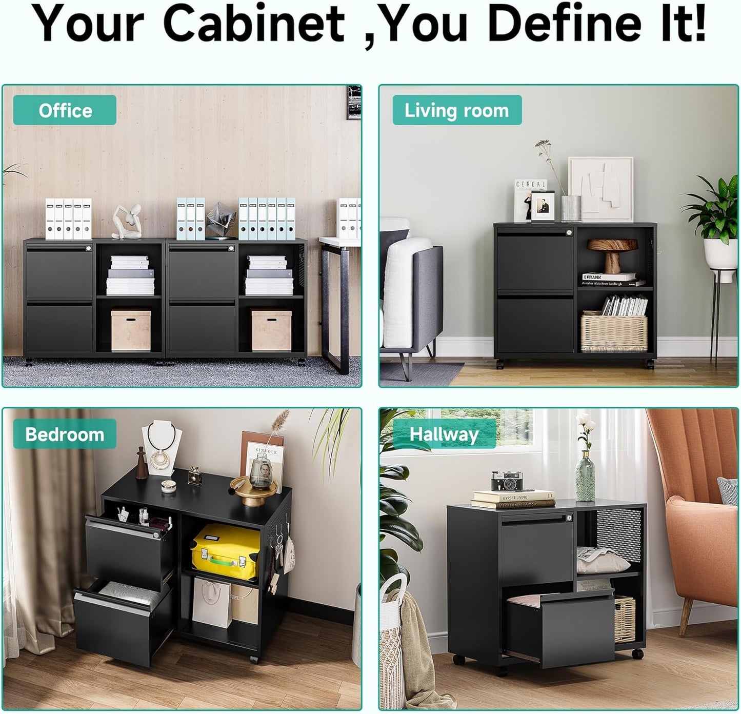 SISESOL 2 Drawer File Cabinet with Lock and Shelf,Mobile Lateral Filing Cabinet,Metal Filing Cabinets with Open Storage Shelves Organizer for Home Office Fit Legal/Letter A4 Size (Black)