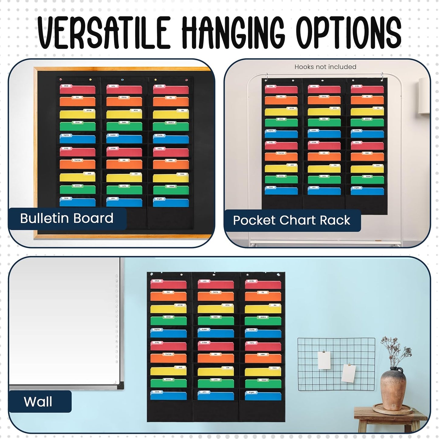 Essex Wares - 30 Pocket File Pocket Chart, Black, 42" Wide x 47" Tall - Versatile Wall Hanging File Folder Organizer for Classroom, Office, Home, and More - Wall Folder Organizer - 30 Pockets