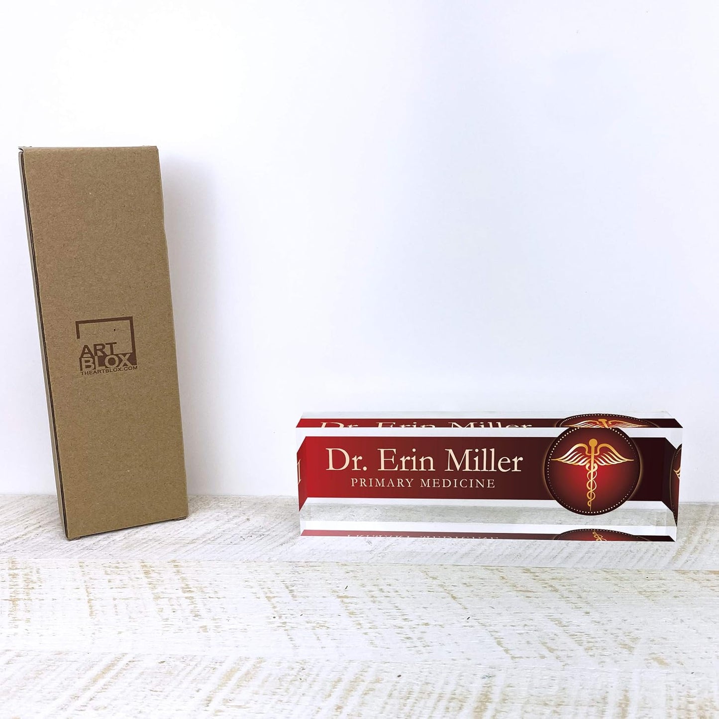 Artblox Office Desk Name Plate Personalized | Custom Name Plates For Desks | Medic Design On Clear Acrylic Glass | Cute Office Desk Accessories Customized Gifts - (8" x 2.5")