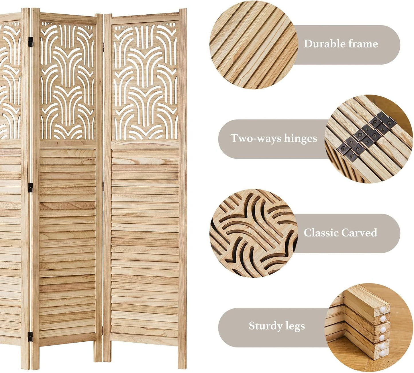 Folding Room Divider, 66.9 Inch 6 Panels Wood Carved Privacy Screens, Free Assembled Freestanding Portable Separation Wall for Home Office Bedroom (Natural)