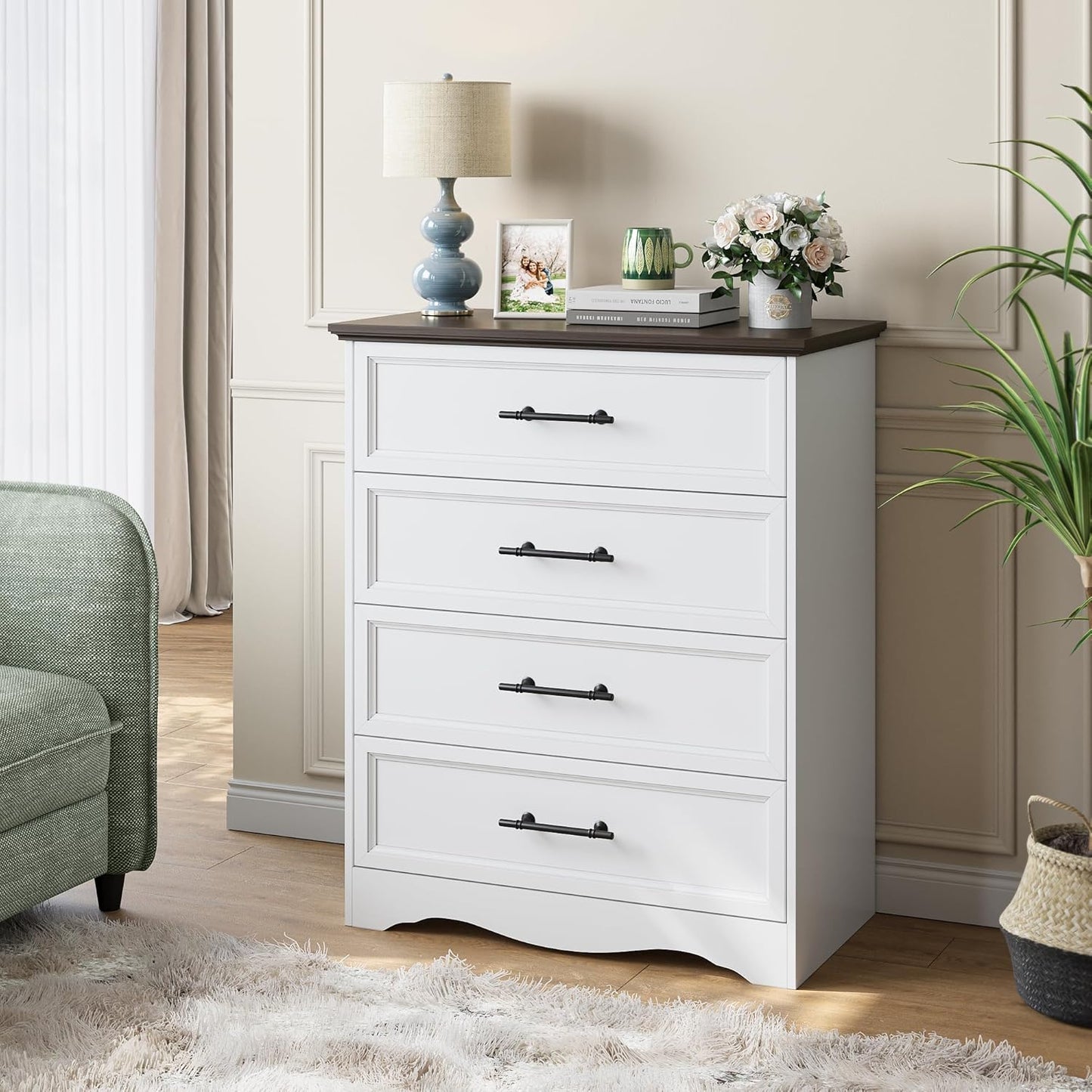 White Farmhouse Dresser for Bedroom, 36" Tall 4 Drawer Chest with Sleek Brushed Metal Handles, Modern Wood Storage Cabinet with Unique Base Design, Closet Organizer for Bedroom, Living Room, Hallway