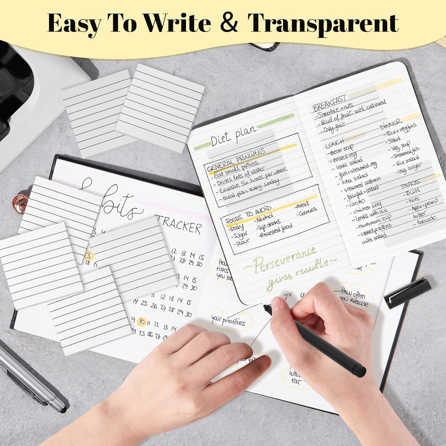 3x3 Inch Transparent Sticky Notes 300 Sheets, Clear Translucent Lined Self-Adhesive Memo Repositionable Reminder Pad for Office, College Students, Planners, Journals, School Supplies (White)