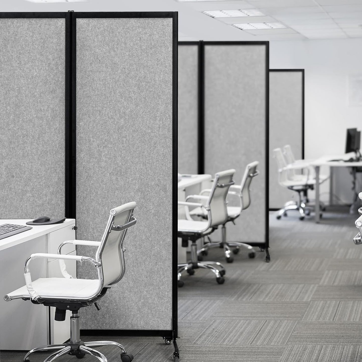 Upgrade Version Room Partition and Divider, Freestanding Rolling Dividers with Wheels,Office Privacy Screen Divider Wall,Classroom Felt Dividers,8'2"L* 6'7"H,4 Panel,Light Grey