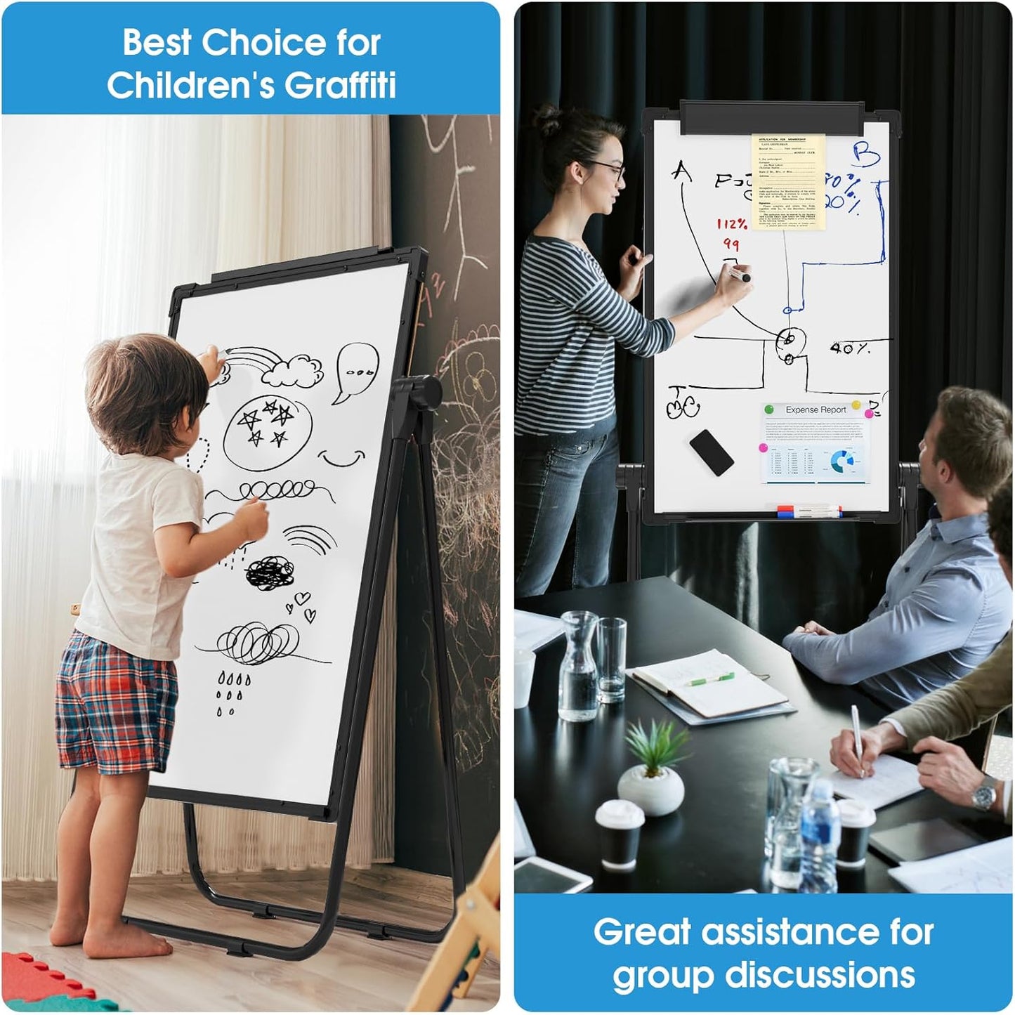 MaxGear Large White Board Easel Stand, 36" x 24" Black Double Sided Magnetic Dry Erase Board for School Classroom, Home Office Stand Flip Chart, Height Adjustable 360 Degree Rotating Whiteboard