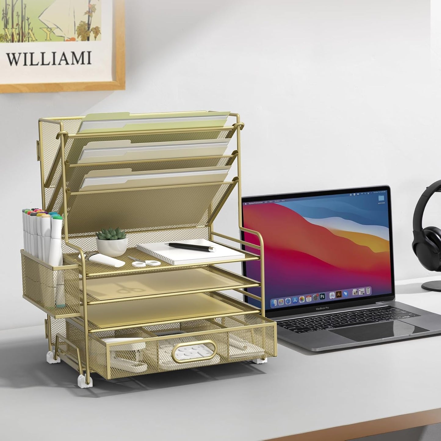 4-Tier Paper Organizer + 3-Pocket File Holder + Drawer + Pen Holders, Desktop File Organizers Paper Tray for Office Supplies School Classroom Organization (Gold, with Drawer & Pen Holder)