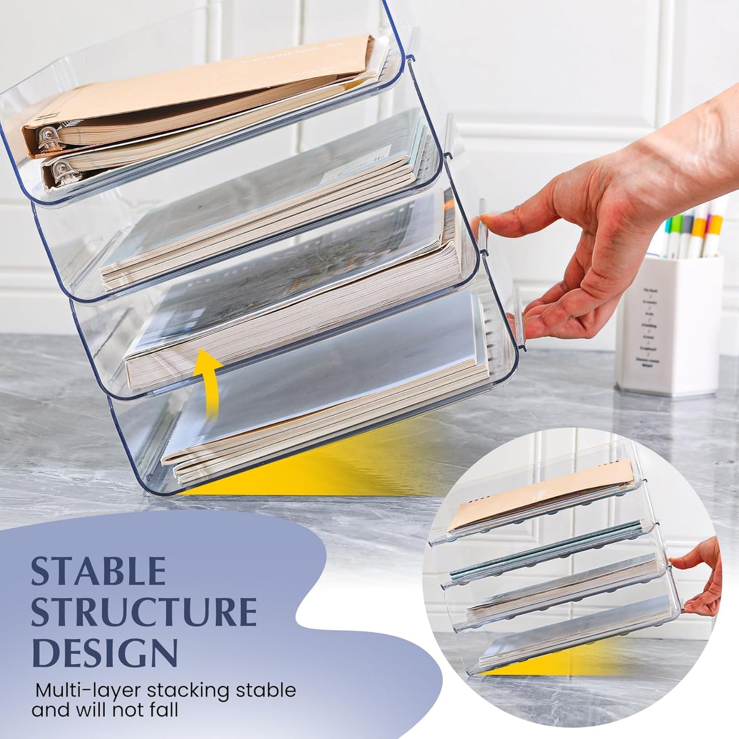 4 Pack Stackable Paper Letter Tray, Clear File Organizer for Desk, Office Organizer and Storage for Desk Accessories, Notes, Books, File Paper, Document