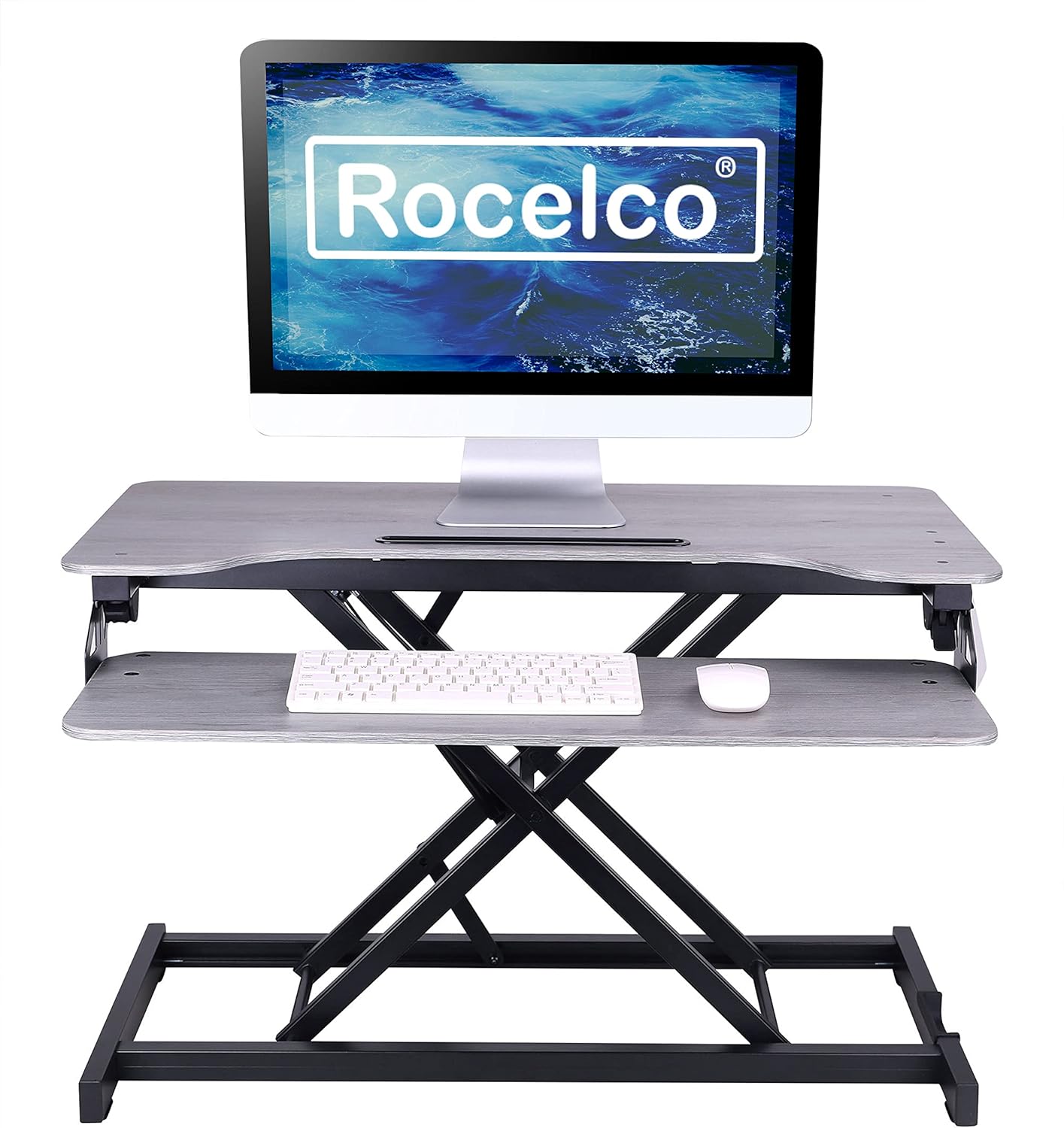 Rocelco Standing Desk Converter and Floor Mat - 31.5 Inch Sit Stand Up Dual Monitor Tabletop Riser with Tablet Mount, Height Adjustable Workstation - Deep Keyboard Tray - Gray (R VADRG-MAFM)