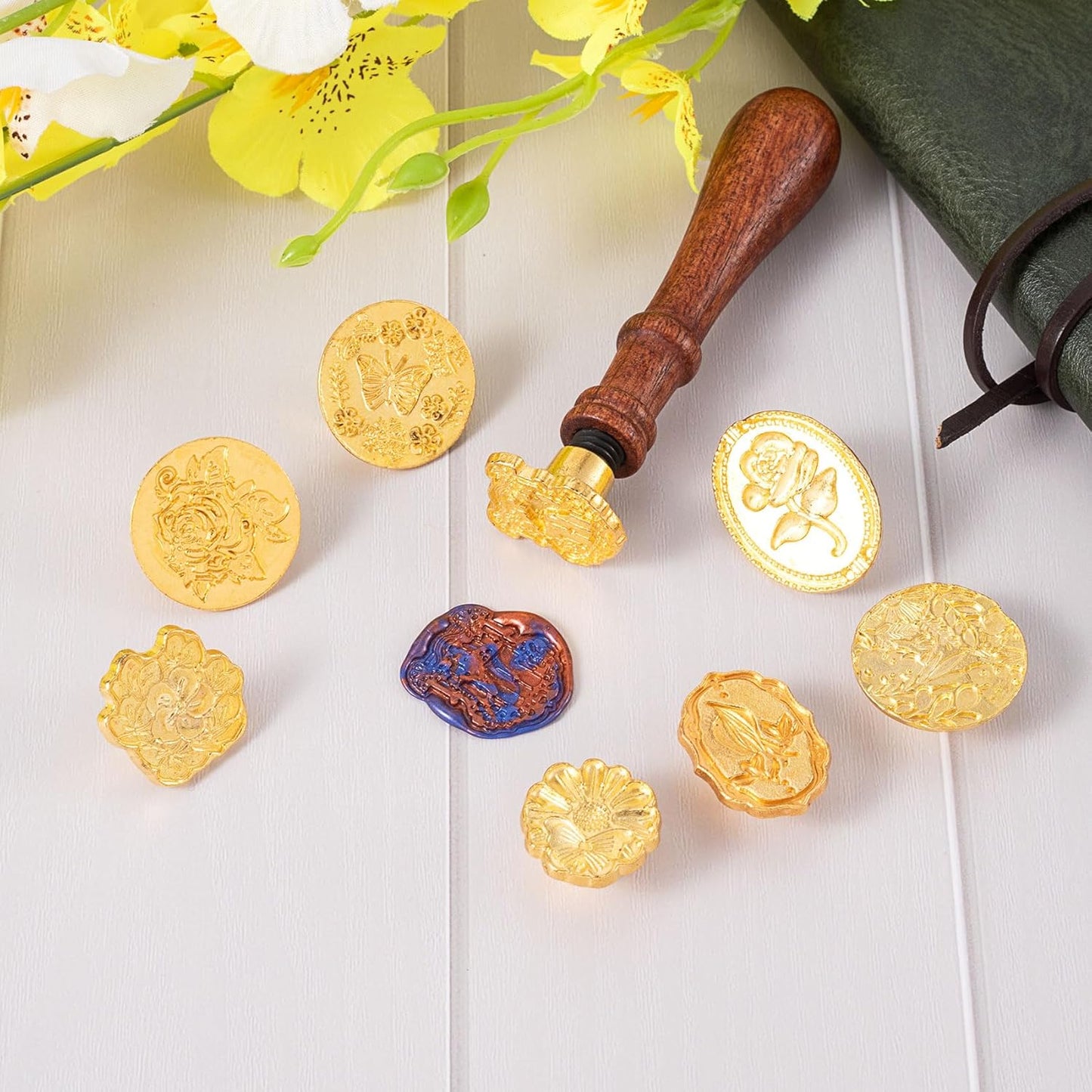 9pcs Wax Seal Stamp Set, Brass Sealing Wax Stamps Head & Wooden Handle for Wedding Invitations Cards Envelopes- Love Rose+Sunflower+Flower Window+Rose Flower+Butterfly+Kapok+Sakura+Leaves