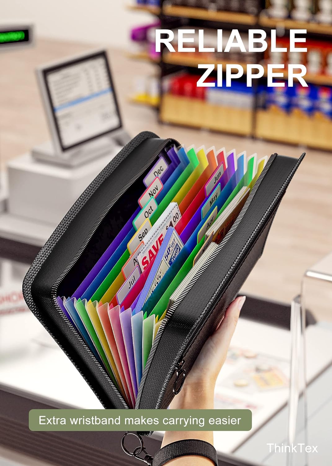ThinkTex Receipt Coupon Organizer, 12 Pockets Small Accordion File Organizer, Junior Size 11x 6.6 Inches, Zipper Closure, Multi-Color Tabs