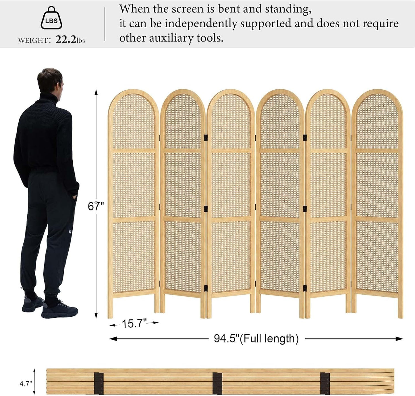 Room Dividers and Folding Privacy Screens, 5.6 Ft Double Hinged Rattan Partition Freestanding Wall Room Divider for Home - 6 Panels (Natural)