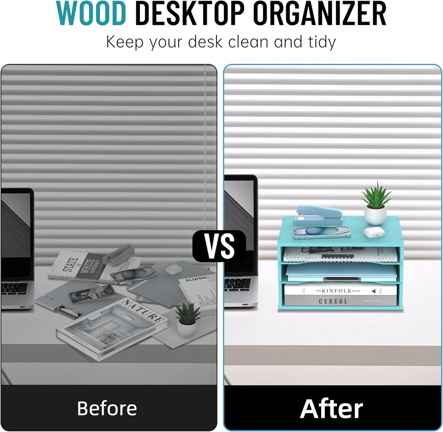 Wood Desk Organizer, 3 Tier Paper Tray Organizer for Desk with Adjustable Storage Shelves, Desktop Paper Sorter Mail Holder for Office Home Classroom, Blue