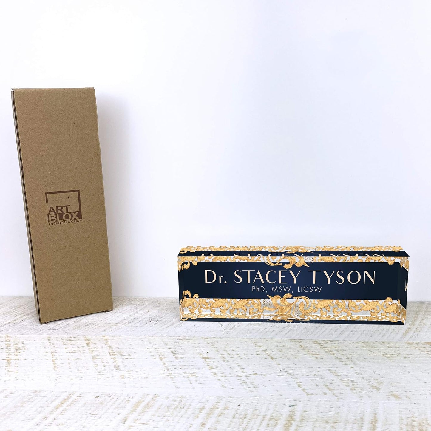 Artblox Office Desk Name Plate Personalized | Custom Name Plates For Desks | Leaf Gold Design On Clear Acrylic Glass | Cute Office Desk Accessories Customized Gifts - (8" x 2.5")