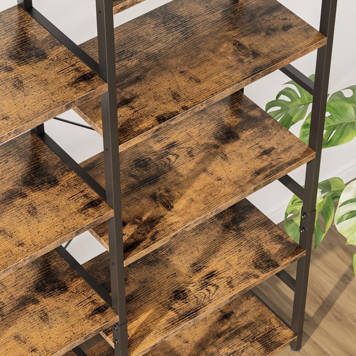 OTK Triple Wide 5 Tier Bookshelf, Rustic Industrial Style Bookcases with 14 Open Display Shelves, Wide Bookshelves for Bedroom, Living Room and Home Office, Rustic Brown