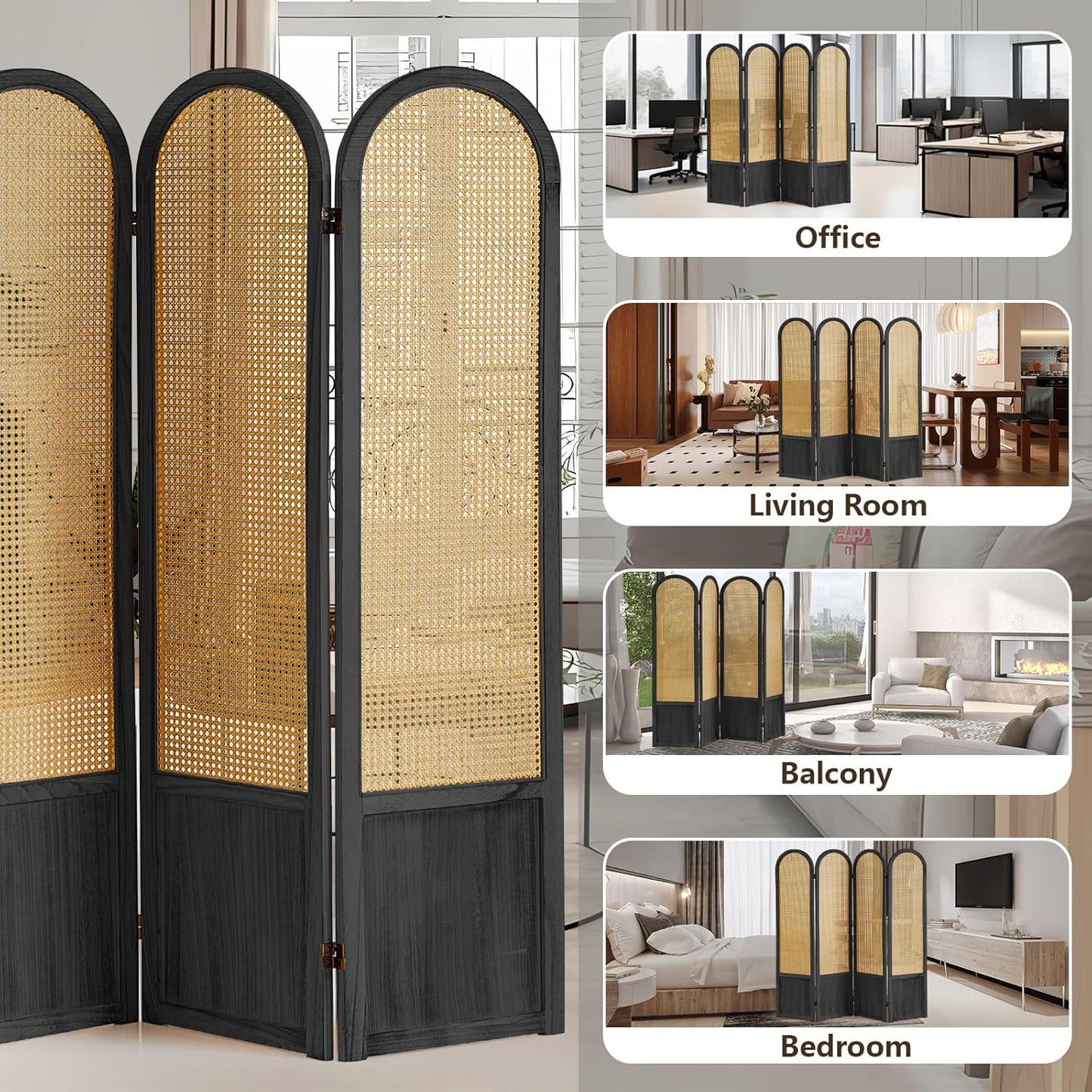 4 Panel Rattan Room Divier, Room Divider Panel and Folding Privacy Screens, Room Divider Wall, Solid Wood Frame, Partition Room Dividers, Bedroom, Dining Room, Lounge, Black