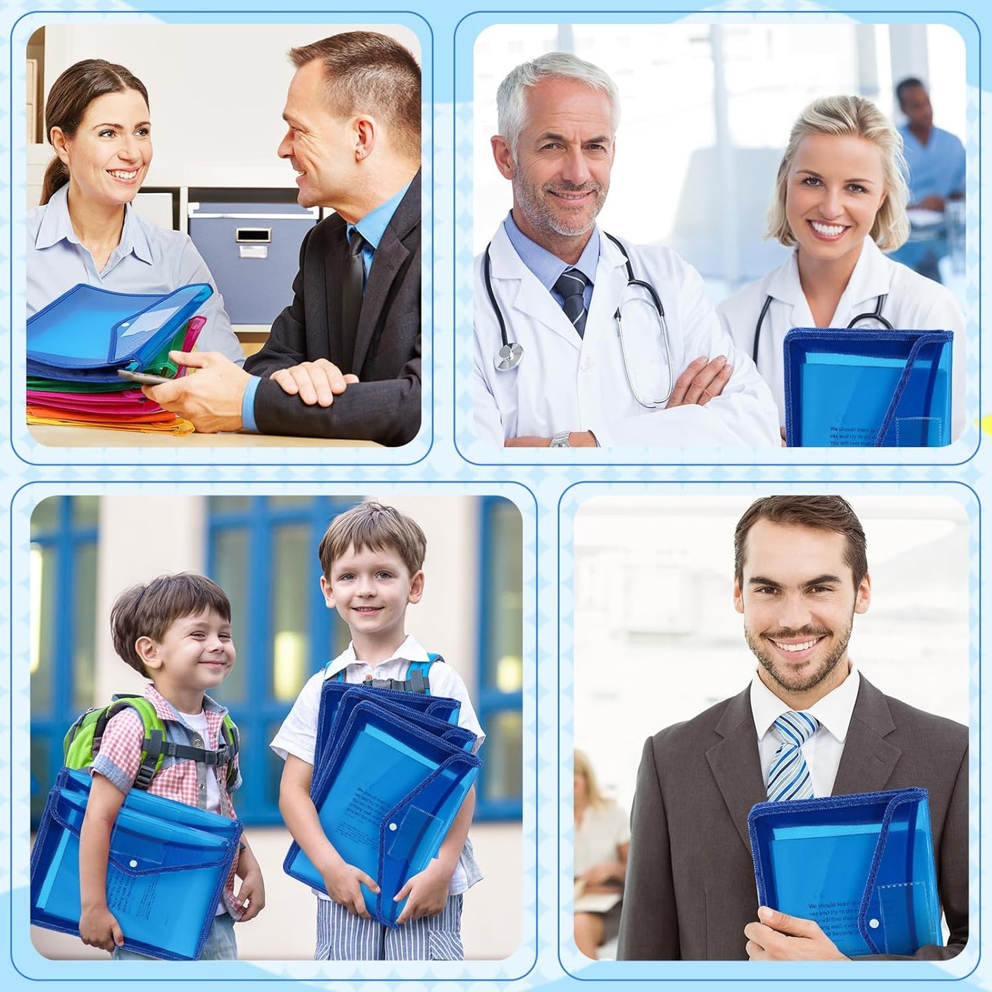 4 Pack A4 Expanding Plastic File Folders Waterproof Document Organizer with Snap Button Multiple Pockets, Office Home Office Storage (Blue)