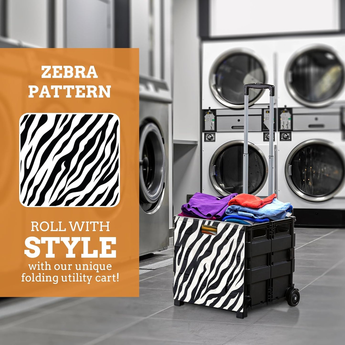 Inspired Living Ultra-Slim Rolling Collapsible Storage Pack-N-Roll Utility-carts, with Telescopic Handle, for Home, Garden, Shopping, Office, School use, Large, Zebra