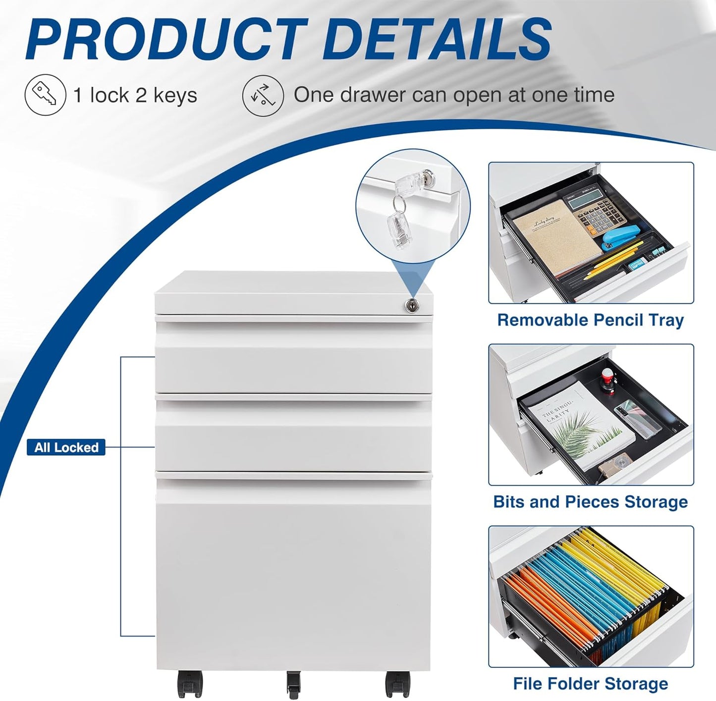 3 Drawer Mobile Metal File Cabinet, White Filling Cabinets with Lock, Pre-Built Office Storage File Cabinet with Wheels Under Desk - Assembled Required