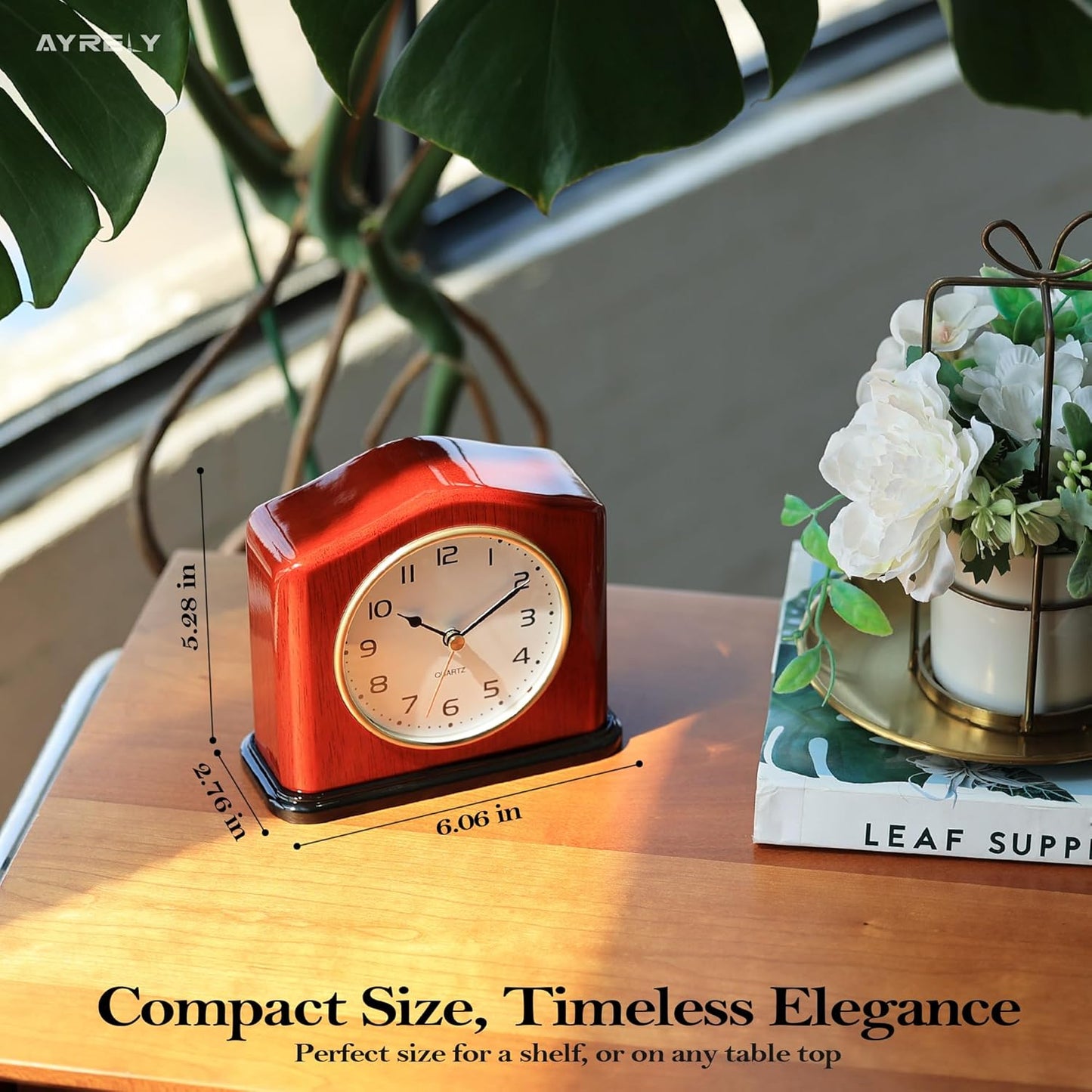 AYRELY® Mantel Clock, Handcrafted Solid Wood Desk Clock with Silent Movement, Piano-Gloss Finish, Elegant Table Clock for Fireplace, Bedroom, Office & Gifts