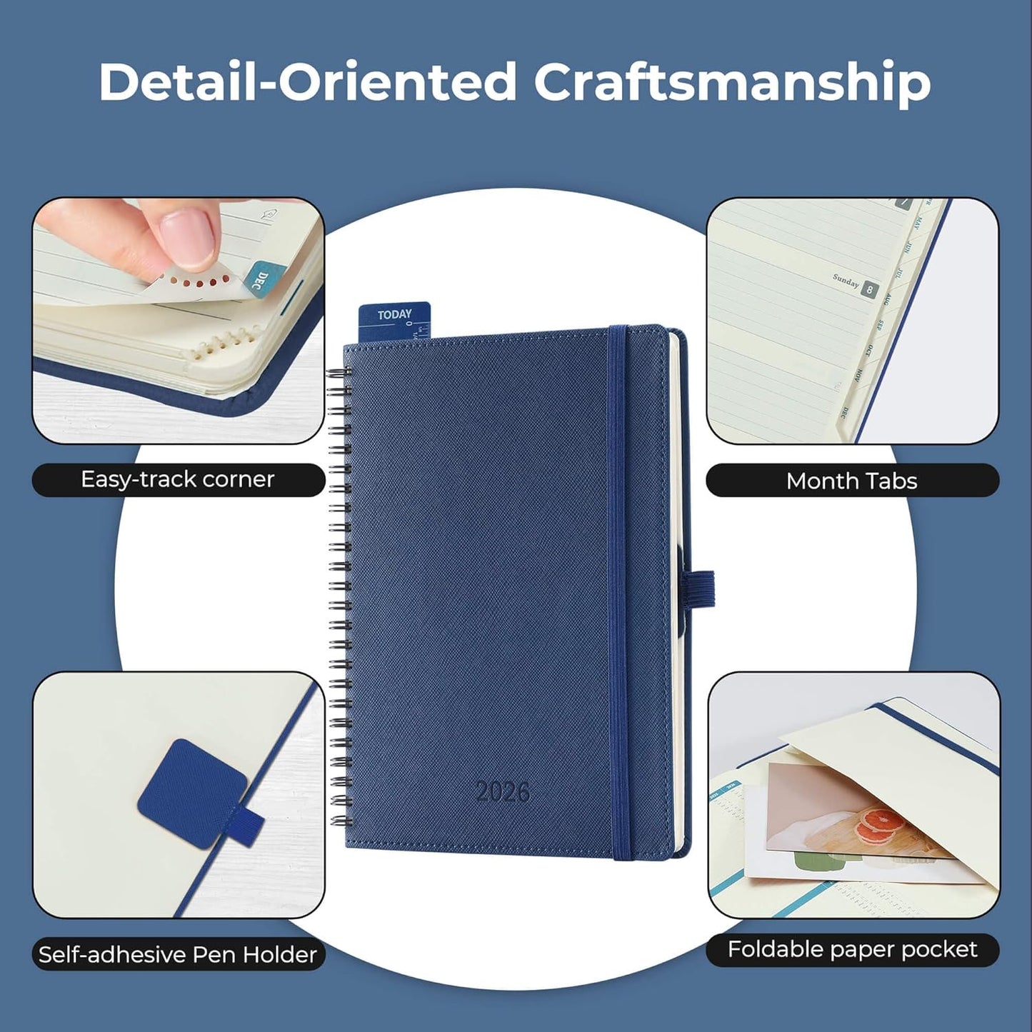 Planner 2026 Daily Weekly and Monthly,8.5"x6.5",12 Months Spiral Bound Calendar Agenda with Self-adhesive Pen Holder,2026 Appointment Book with Vegan Leather Soft Cover,Blue