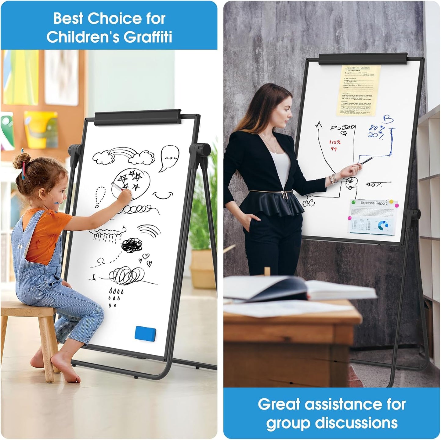 MaxGear Large White Board Easel Stand, 40" x 28" Double Sided Dry Erase Board with Stand, Height Adjustable and 360 Degree Rotation Classroom Easel for School, Home & Office Flip Chart Stand