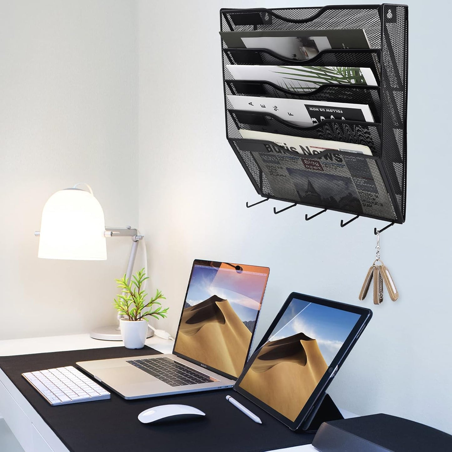 EASEPRES 5 Pocket Mesh Hanging File Organizer with Key Holder Hooks & Nametag Label, Wall Mounted Mail Paper Document Folder Storage Organization Magazine Rack for Office Cubicle, 5 Tier Black