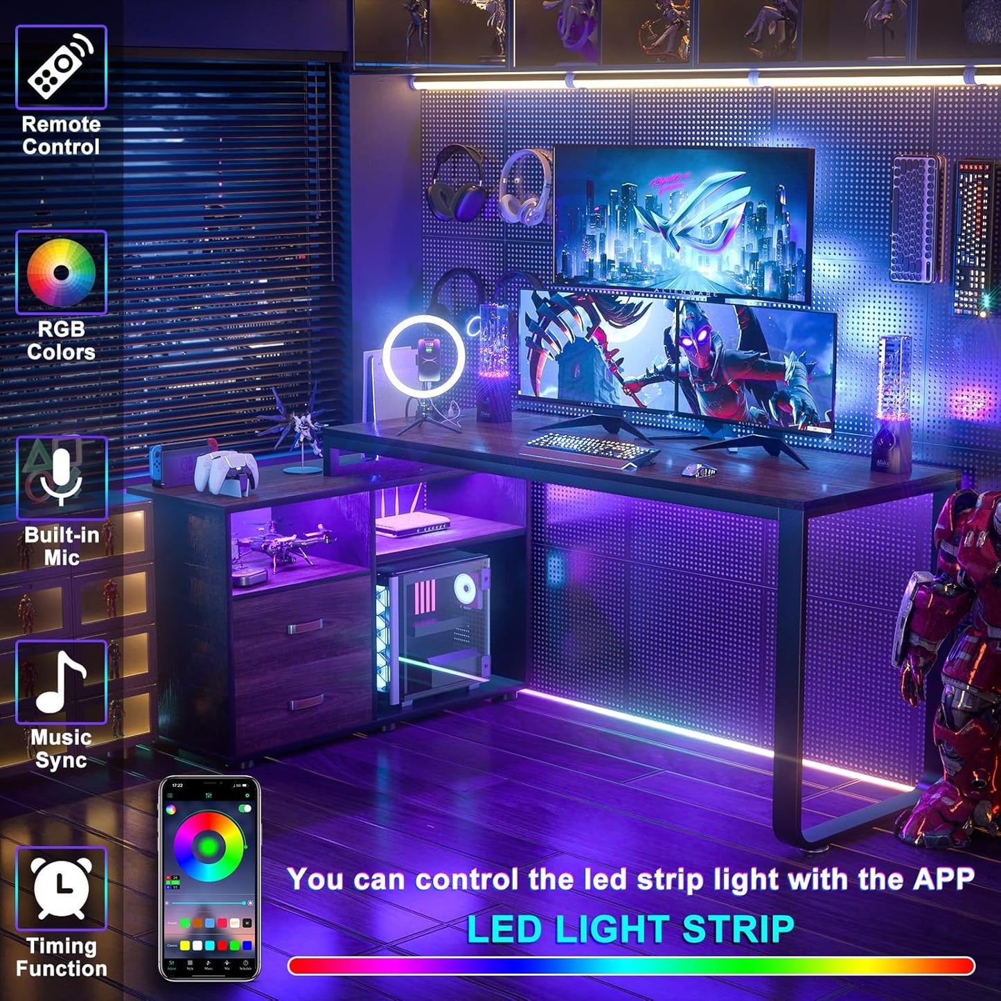 Homieasy L Shaped Desk with File Cabinet & Power Outlet, Reversible 55 Inch Large Corner Computer Desks with LED Strip, L-Shaped Computer Desk with Drawers and Storage Shelves, Espresso