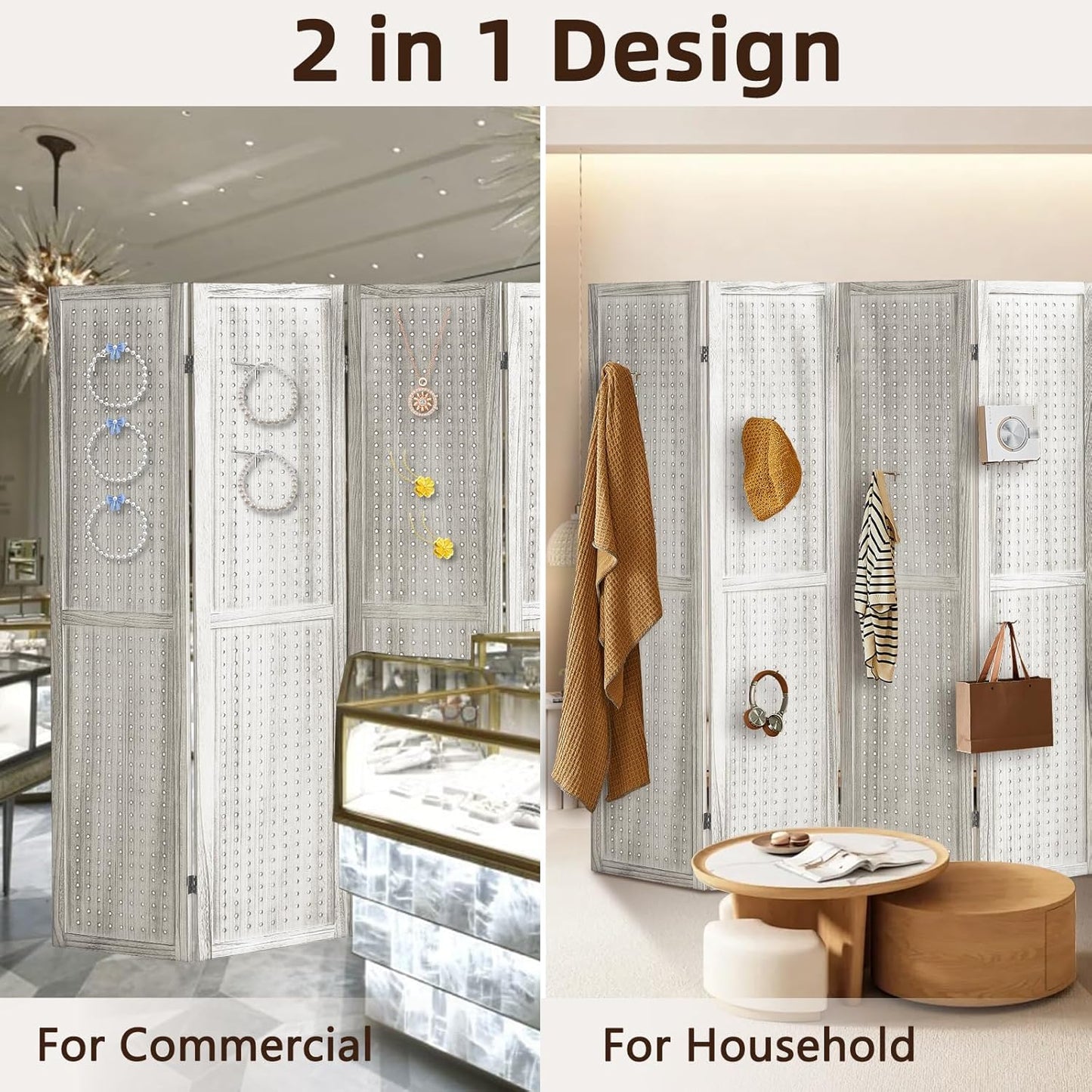 4 Panel Pegboard Display with 16 Hooks, Wooden Room Divider Wall and Folding Privacy Screens, Privacy Dividers for Rooms, Pegboard Room Divider, Jewelry Store, Retail Store, Bedroom, White