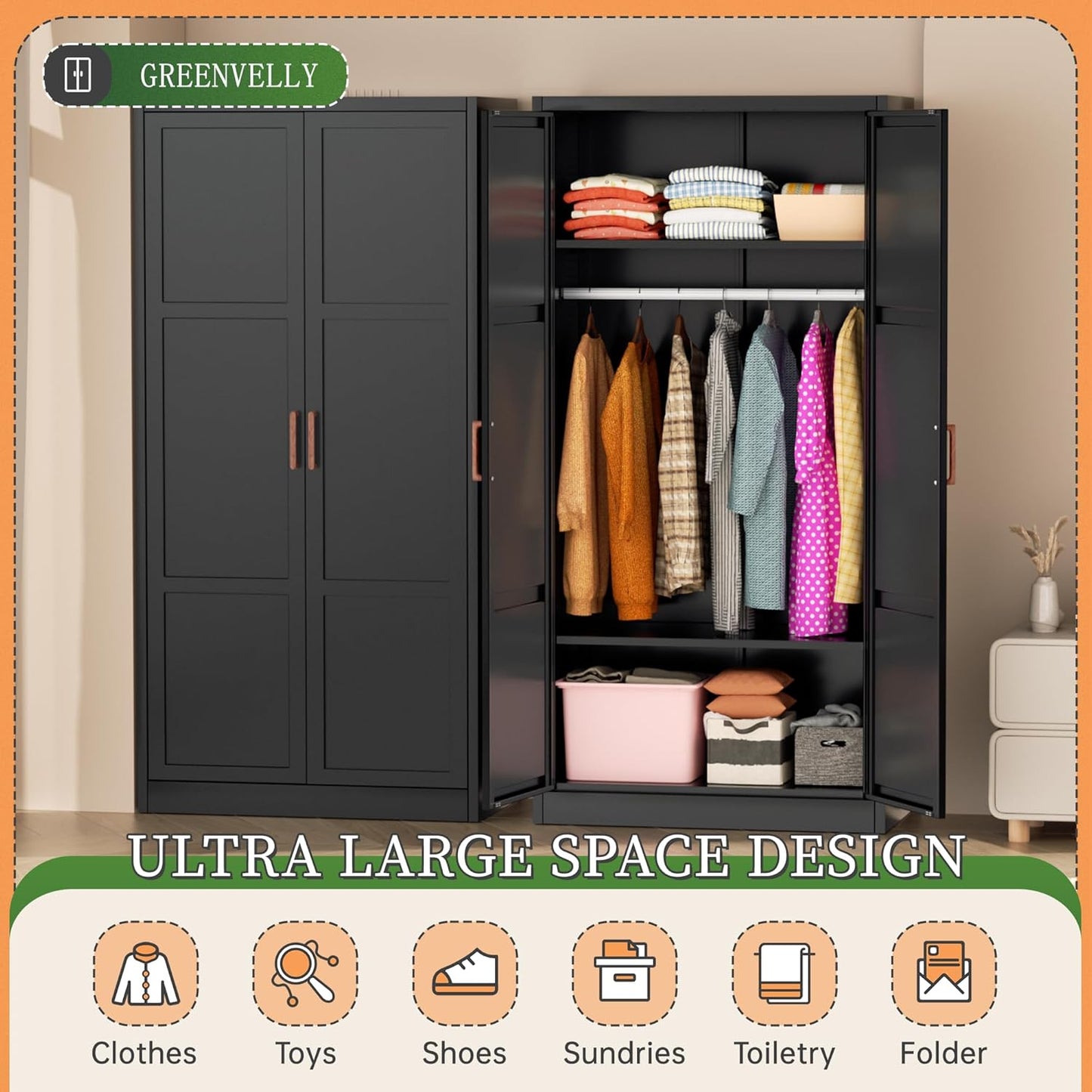 Greenvelly Metal Wardrobe Cabinet, 72" Black Armoire Metal Wardrobe Closet for Hanging Clothes with Wooden Handle, Modern Clothes Cabinet for Home, Office,Bedroom, School,Gym