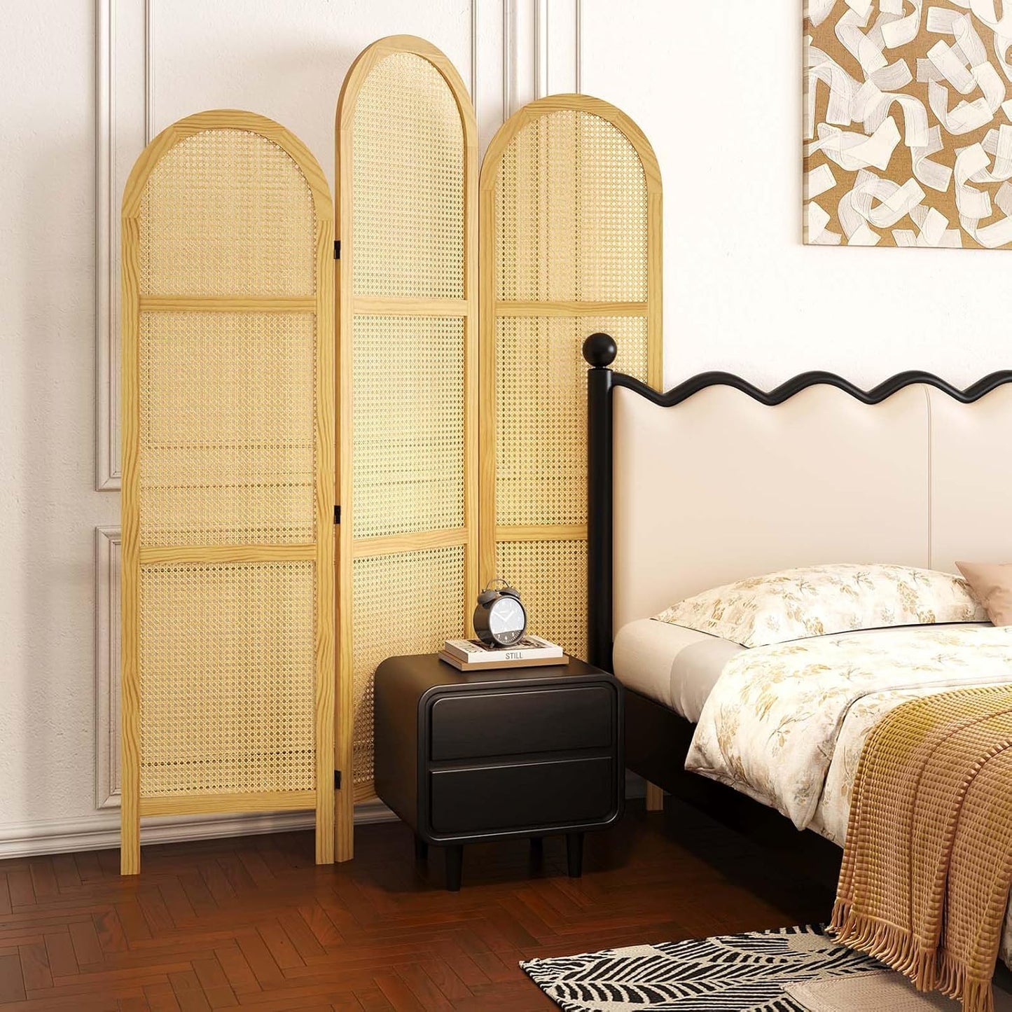 3-Panel Hand-Woven Rattan Room Divider, Tall Foldable Privacy Screen with Wooden Frame - Freestanding Portable Partition for Home Office, Bedroom, Bathroom(Natural-Wave)