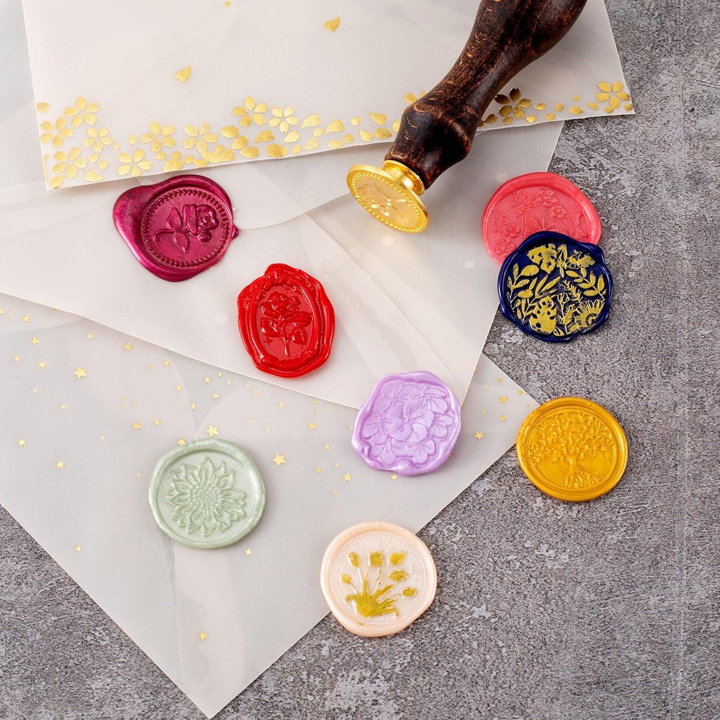 9pcs Wax Seal Stamp Kit, Brass Sealing Wax Stamps Head & Wooden Handle for Wedding Invitations Cards Envelopes(Tree of Life+Tulip+Vintage Rose+Love Rose+Daisy+Butterfly+Sakura+Leaves)