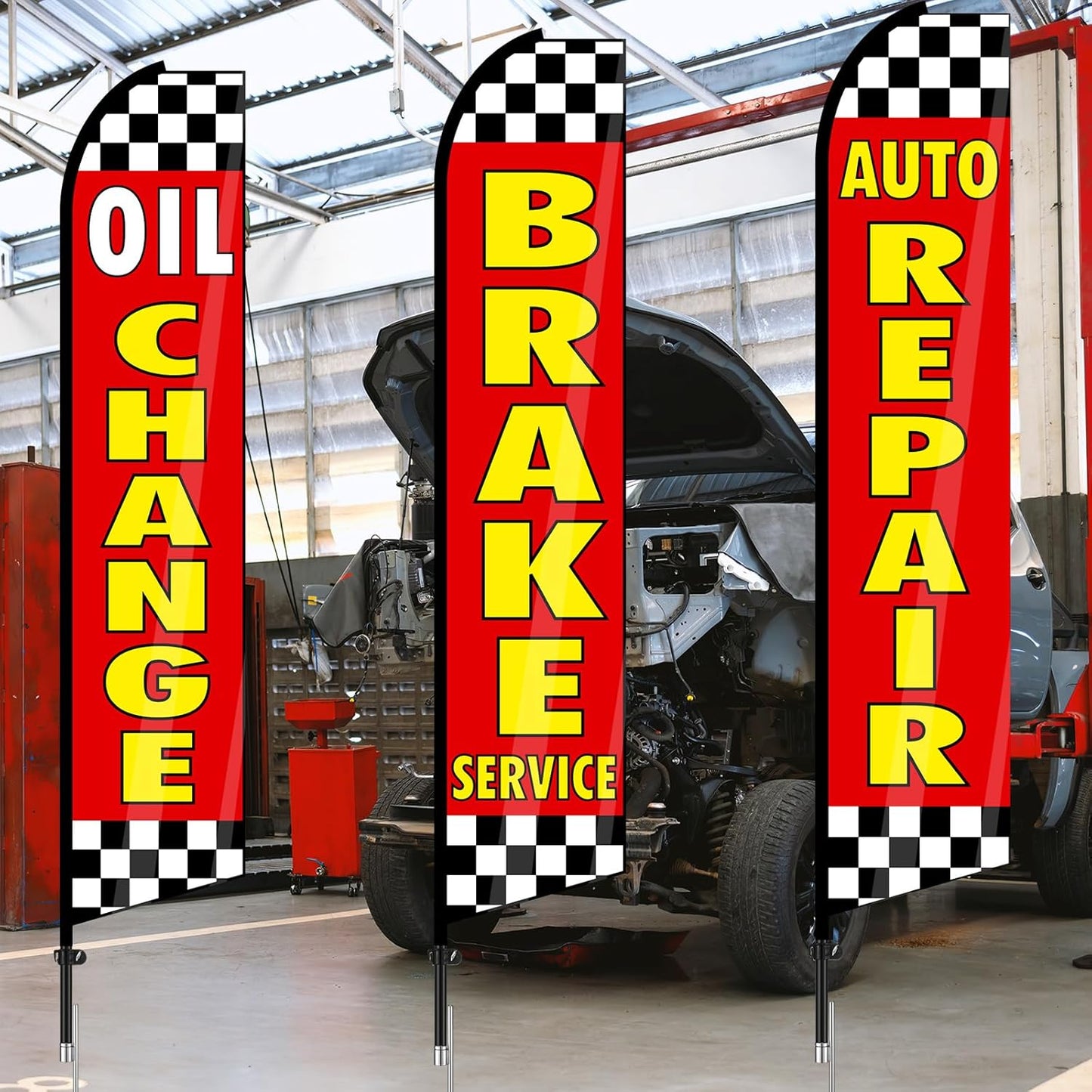 3 Pack Auto Repair Feather Flag -12 ft Advertising Flags for Business with Pole Kit Automotive Service Brake Oil Change Banner Feather Signs Set for Auto Repair Shop Supplies