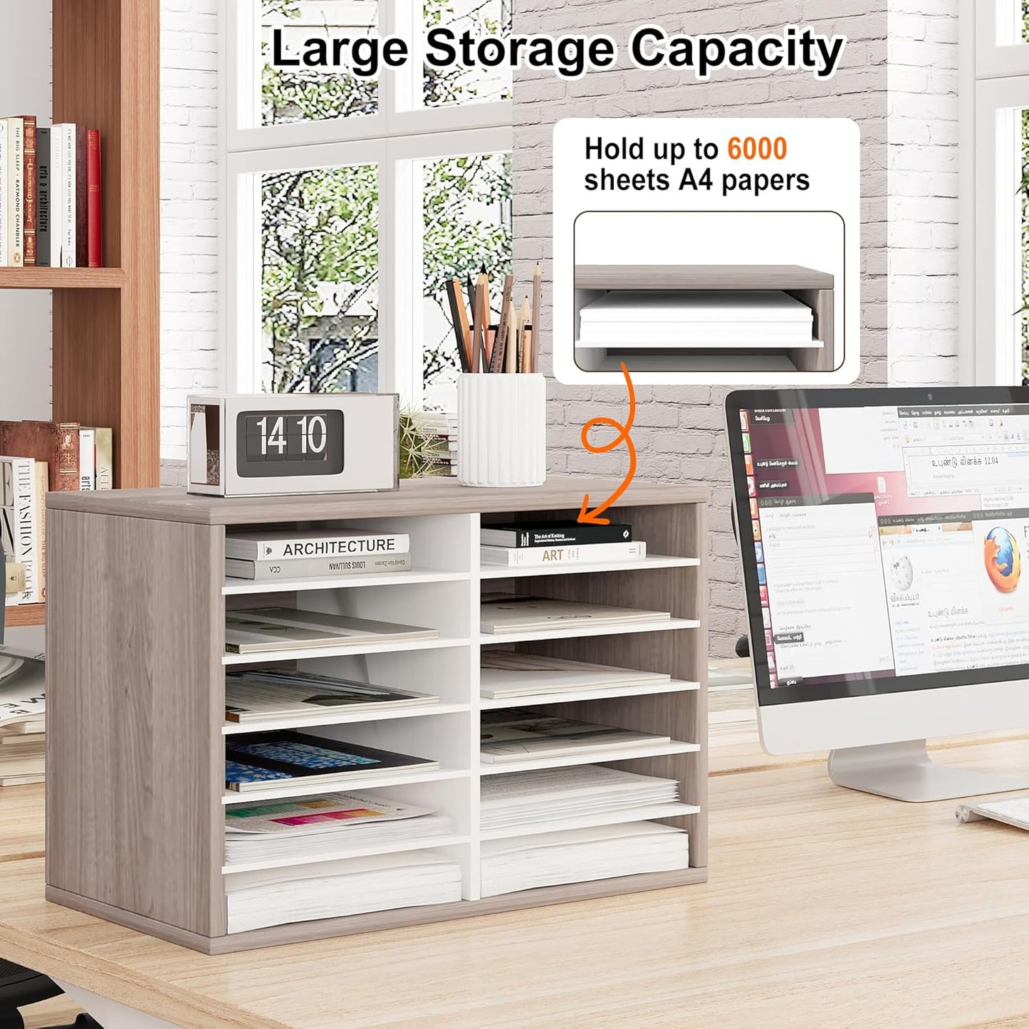 Mail Organizer Countertop, 12 Slots Wooden Desk File Literature Sorter, Adjustable Paper Storage Shelves Document Holder, Space Saving Desktop Mailbox for Office Classroom, Retro Grey/White