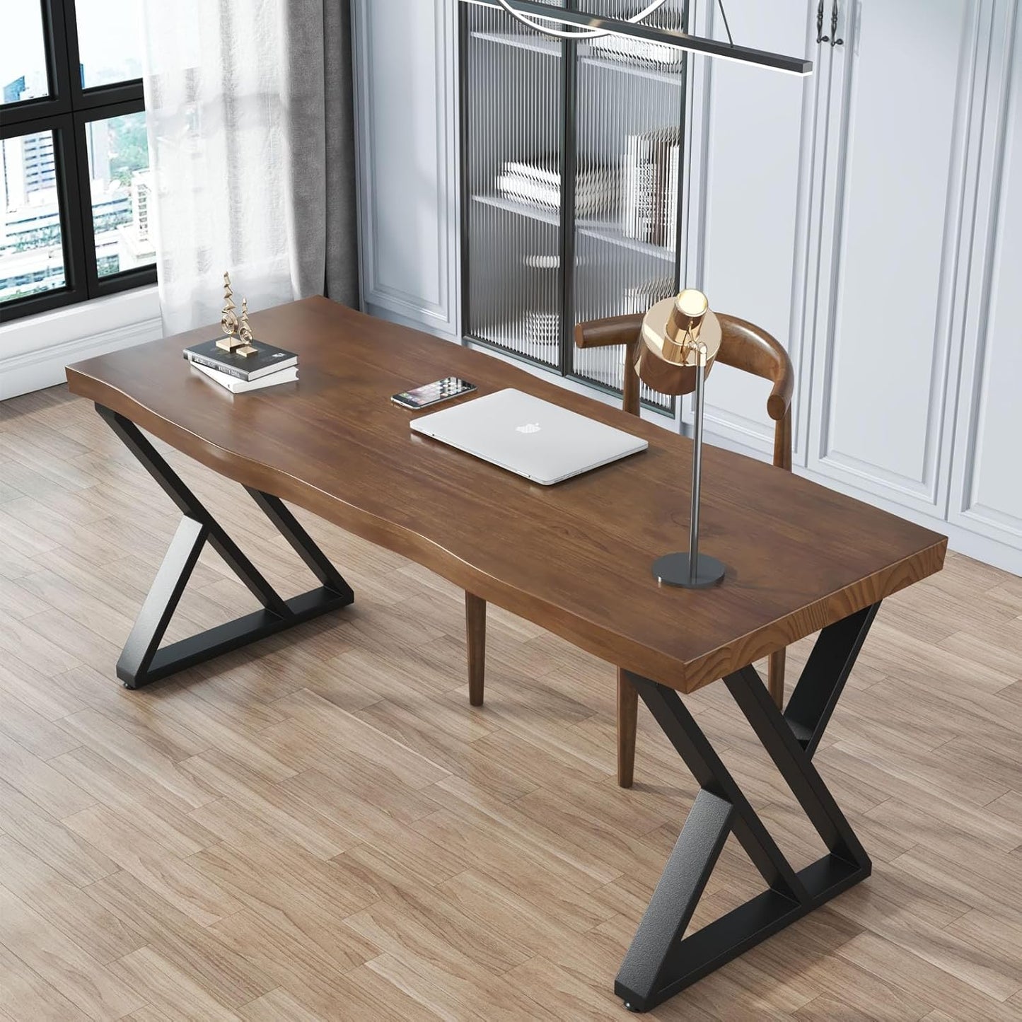 Rustic Style Solid Wood 55-inch Computer Desk - Large Office Desk for Home Office, Modern and Simple Design, Ideal for Study, Writing, Dining